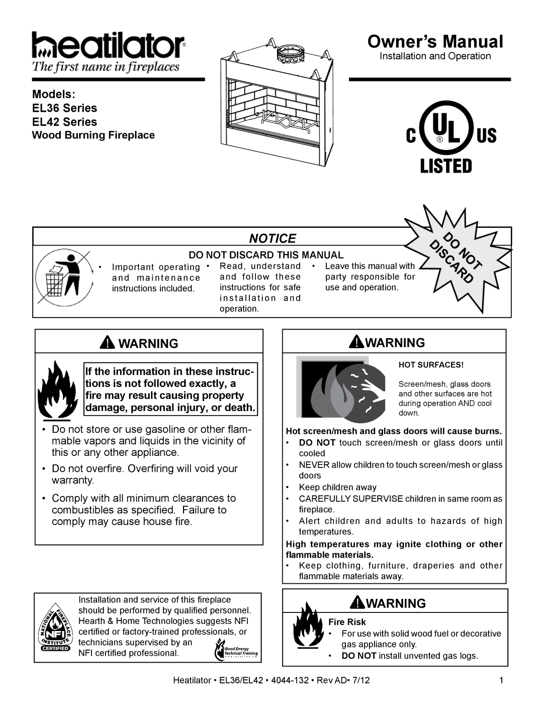 Hearth and Home Technologies EL42 owner manual Wood Burning Fireplace, Hot screen/mesh and glass doors will cause burns 