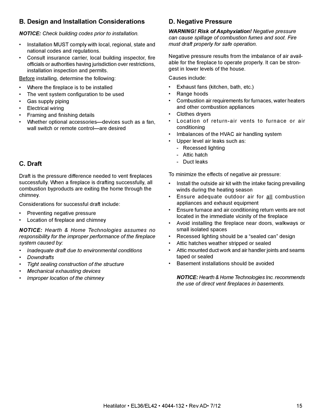 Hearth and Home Technologies EL42, EL36 owner manual Design and Installation Considerations, Draft, Negative Pressure 