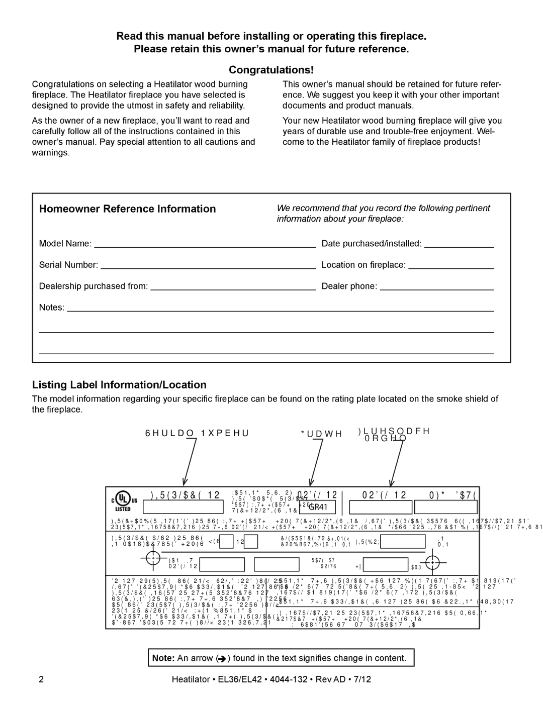 Hearth and Home Technologies EL36, EL42 owner manual Homeowner Reference Information, Listing Label Information/Location 