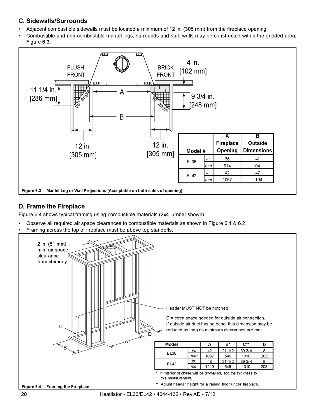 Hearth and Home Technologies EL36, EL42 owner manual Sidewalls/Surrounds, Frame the Fireplace, Outside, Model # 