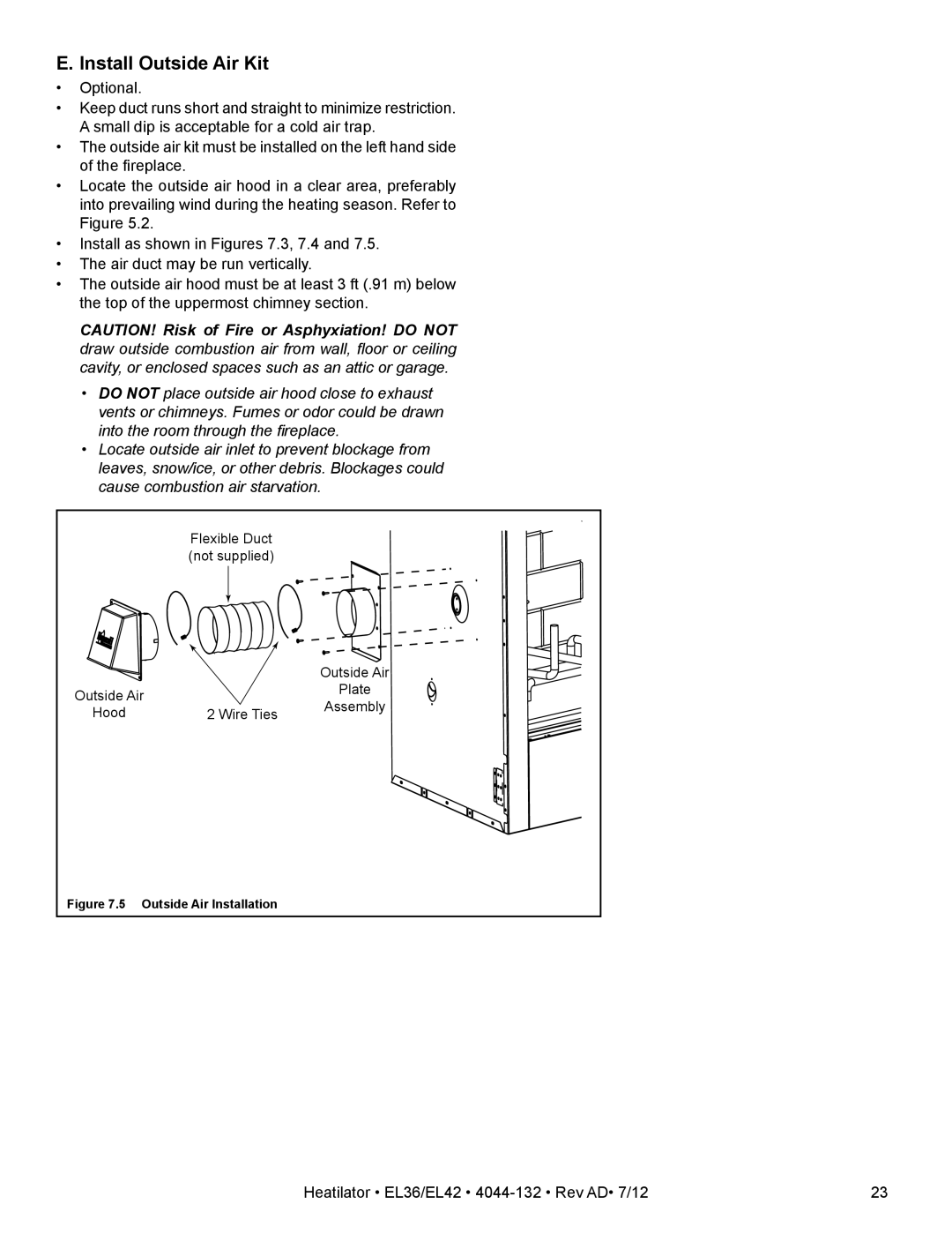 Hearth and Home Technologies EL42, EL36 owner manual Install Outside Air Kit, Outside Air Installation 