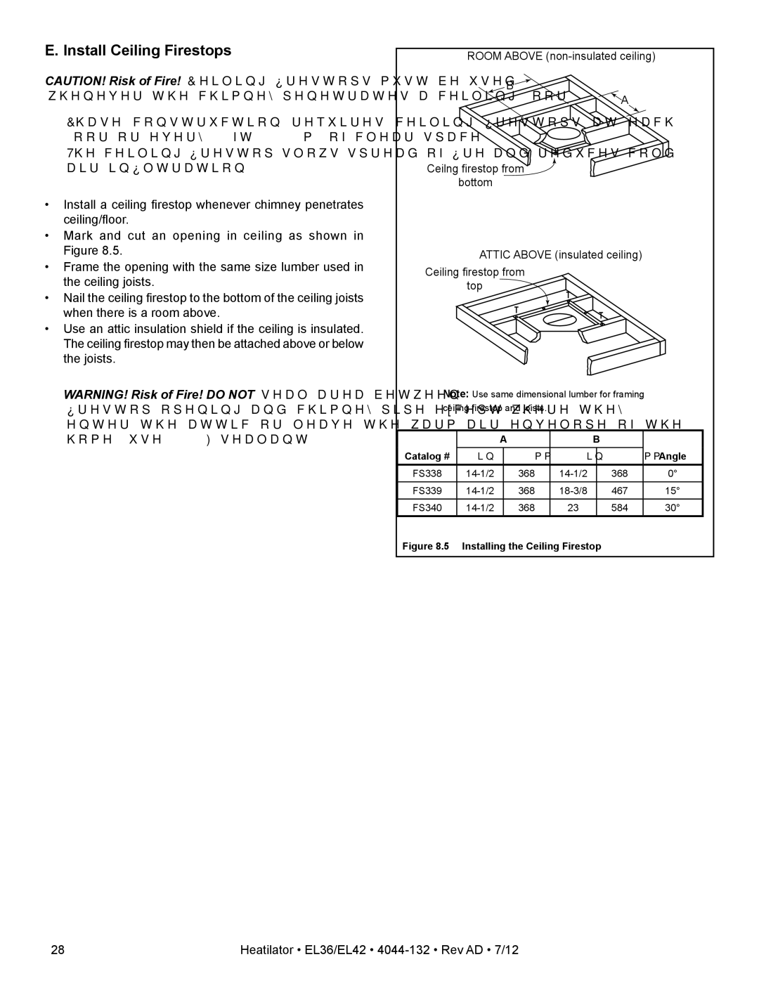 Hearth and Home Technologies EL36, EL42 owner manual Install Ceiling Firestops, Installing the Ceiling Firestop 