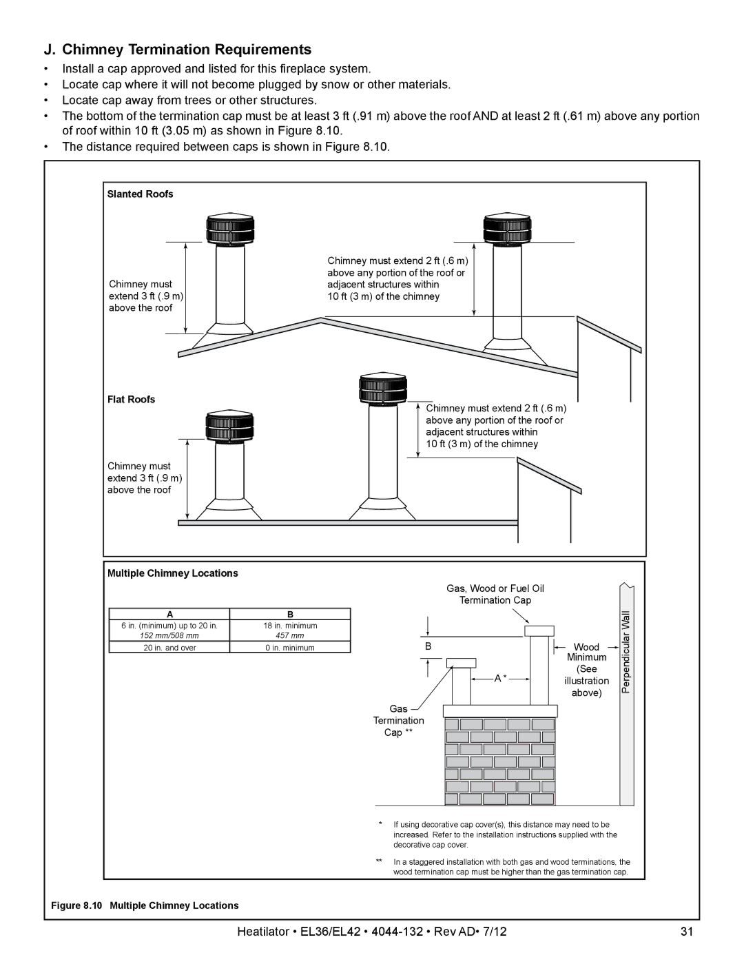 Hearth and Home Technologies EL42, EL36 owner manual Chimney Termination Requirements, Multiple Chimney Locations 