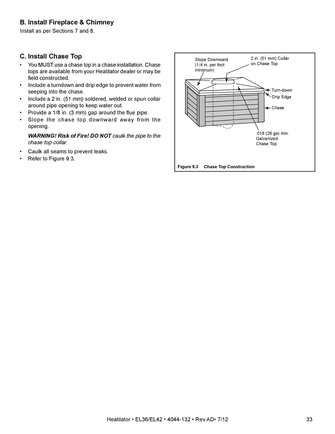 Hearth and Home Technologies EL42, EL36 owner manual Install Fireplace & Chimney, Install Chase Top 