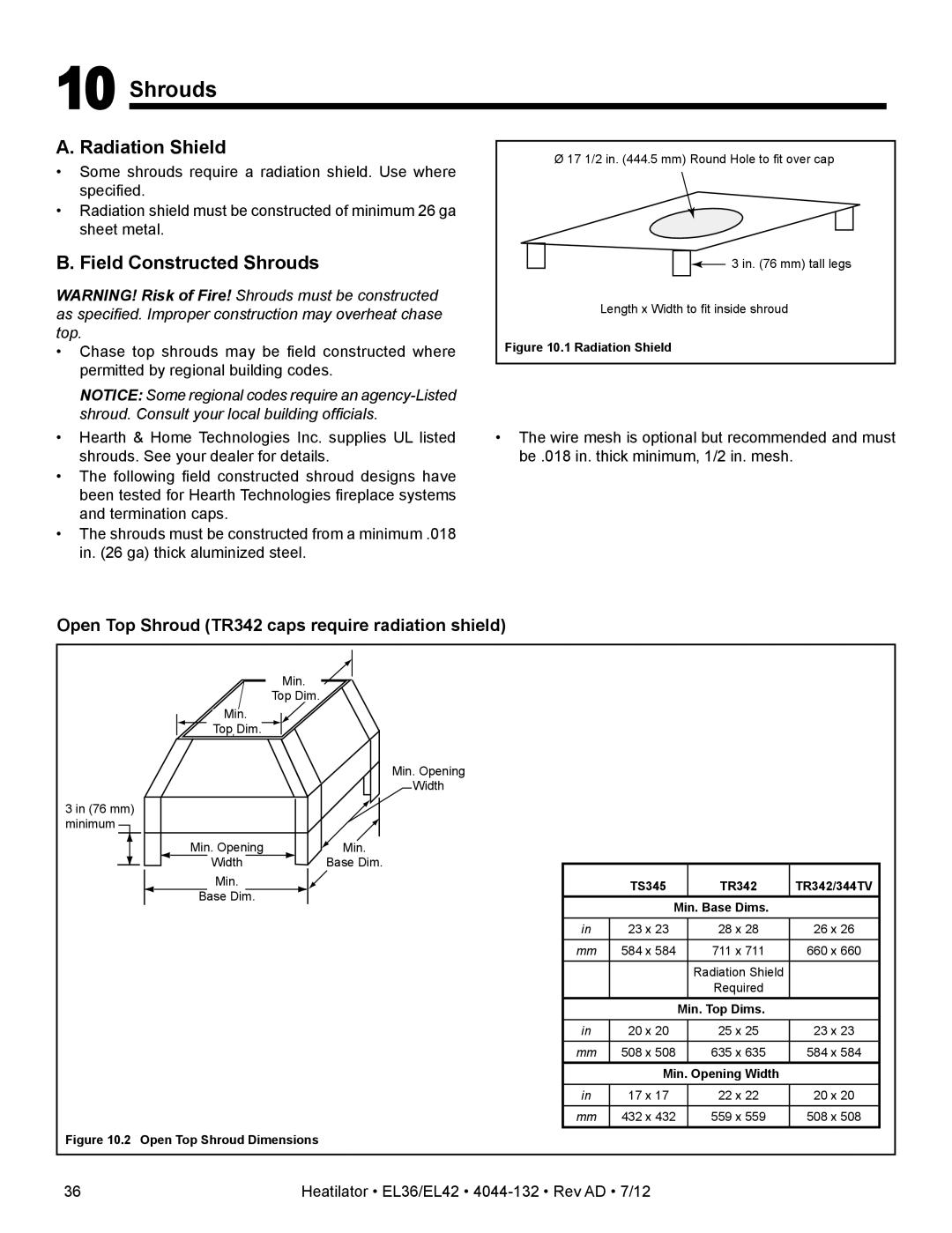 Hearth and Home Technologies EL36, EL42 Radiation Shield, Field Constructed Shrouds, TS345 TR342 TR342/344TV 