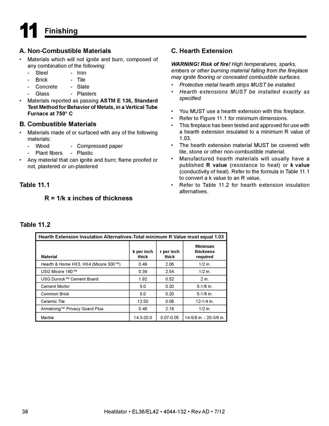 Hearth and Home Technologies EL36, EL42 Finishing, = 1/k x inches of thickness Hearth Extension, Minimum, Material 