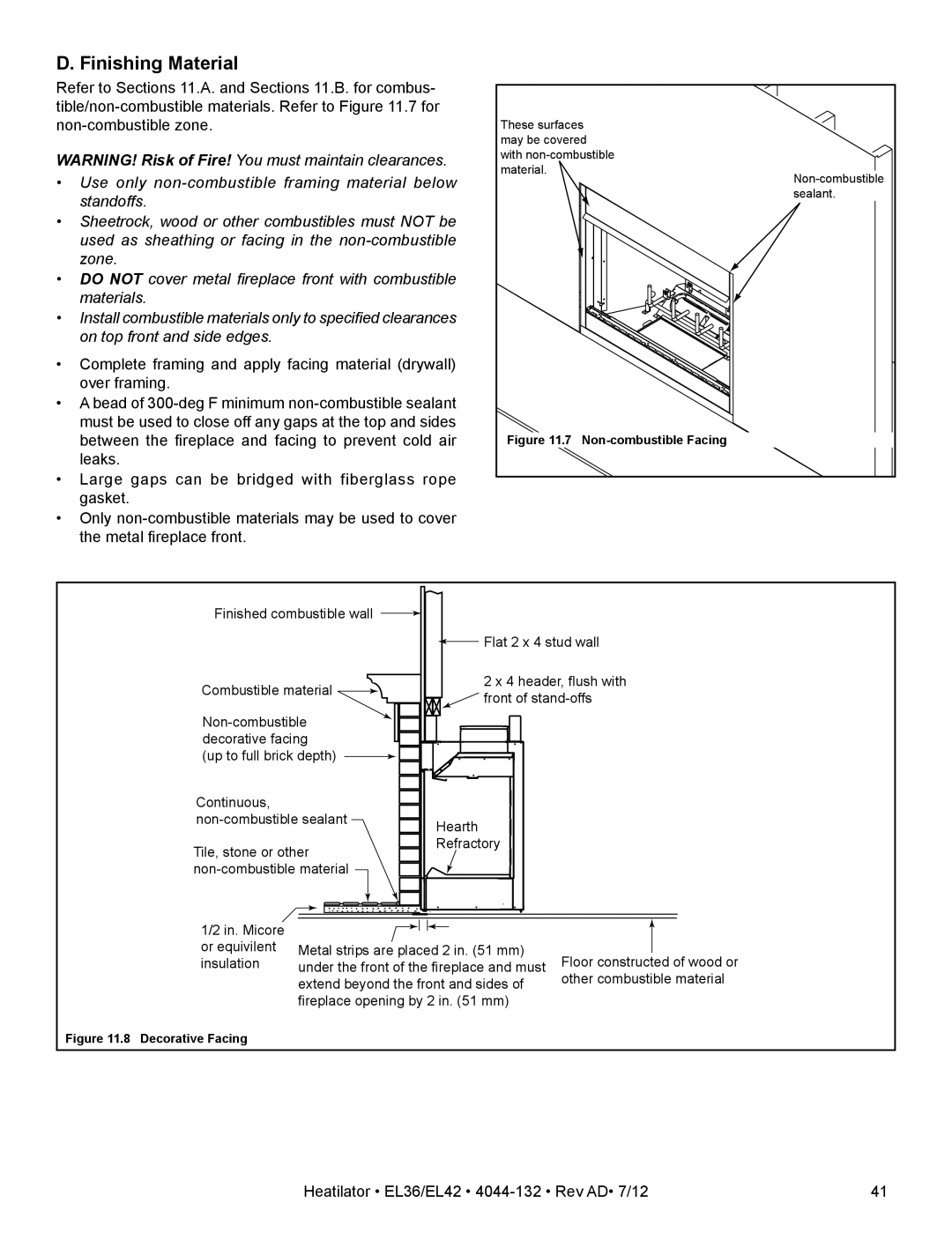 Hearth and Home Technologies EL42, EL36 owner manual Finishing Material, Decorative Facing 