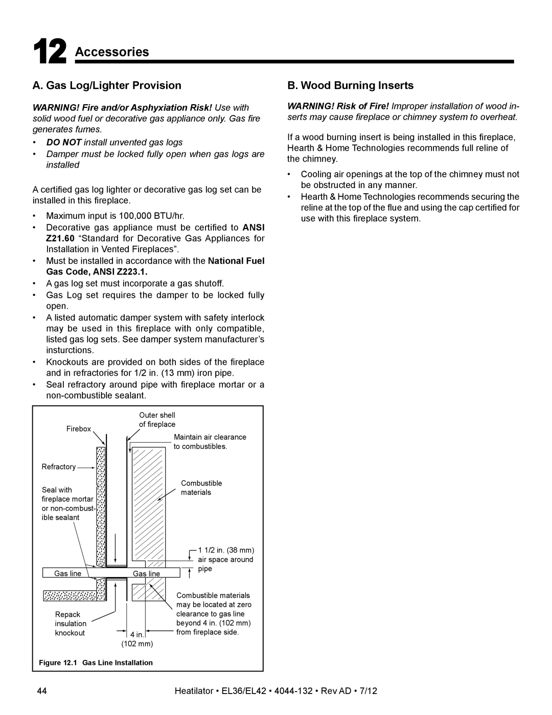 Hearth and Home Technologies EL36 Accessories, Gas Log/Lighter Provision, Wood Burning Inserts, Gas Code, Ansi Z223.1 