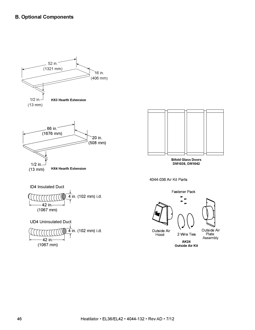 Hearth and Home Technologies EL36, EL42 owner manual In. HX3 Hearth Extension 13 mm, Mm HX4 Hearth Extension, AK24 