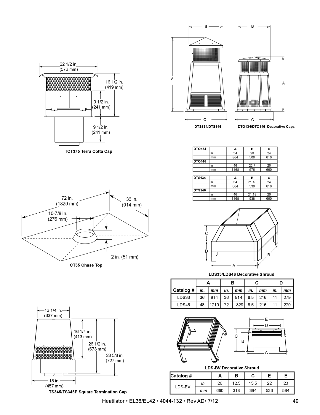 Hearth and Home Technologies EL42, EL36 TCT375 Terra Cotta Cap, CT35 Chase Top, TS345/TS345P Square Termination Cap 