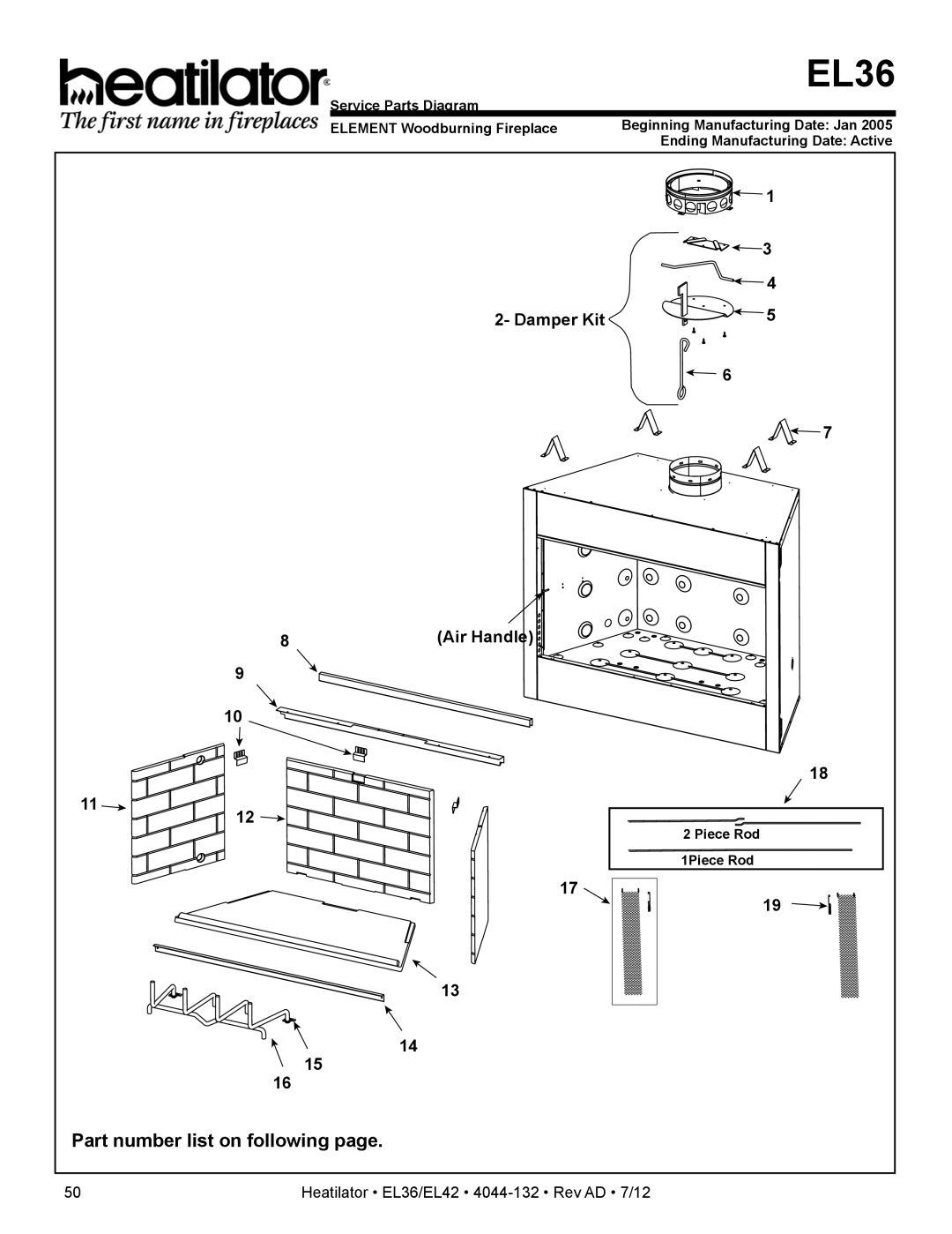 Hearth and Home Technologies EL36, EL42 owner manual Part number list on following, Damper Kit Air Handle 