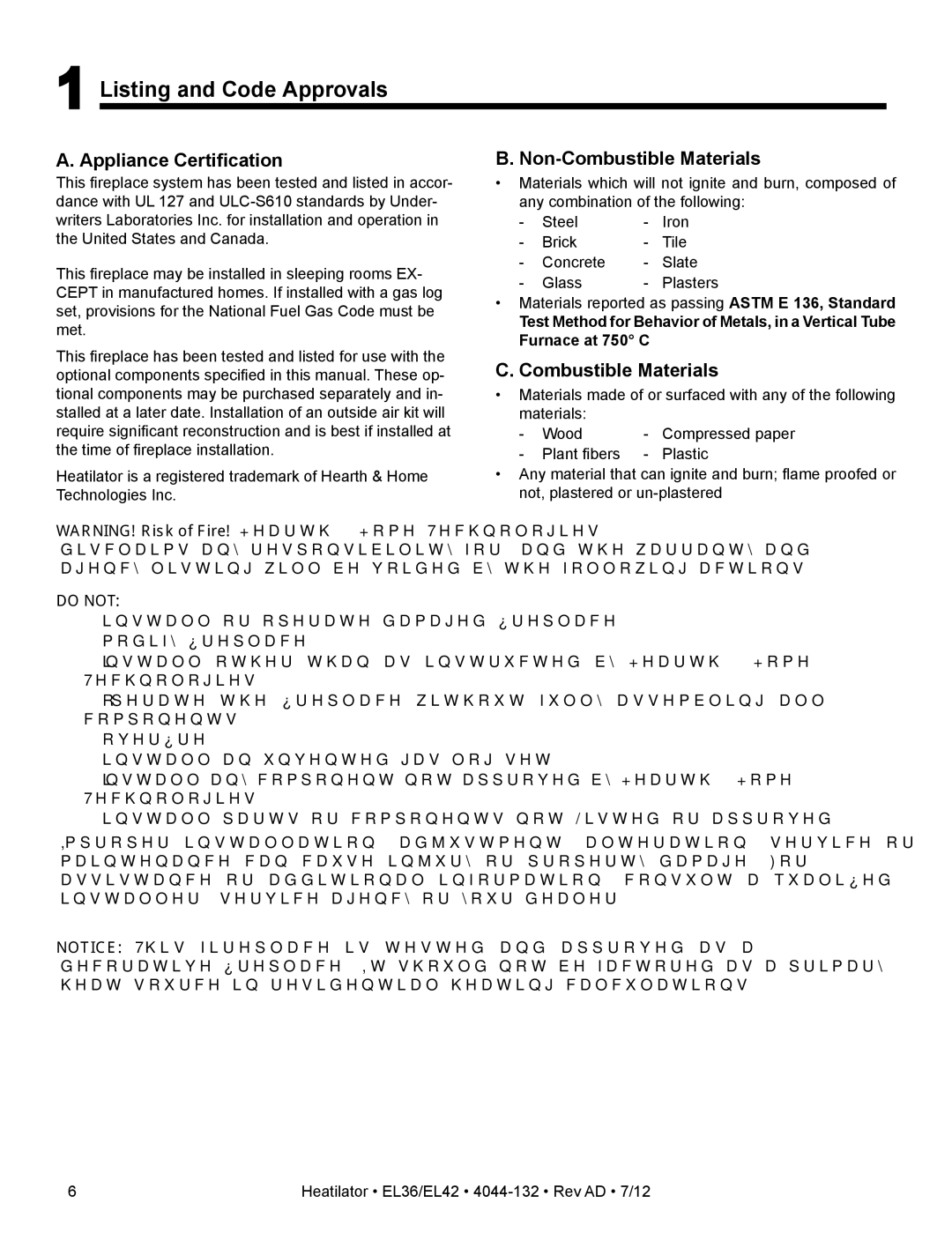 Hearth and Home Technologies EL36, EL42 Listing and Code Approvals, Appliance Certification, Non-Combustible Materials 