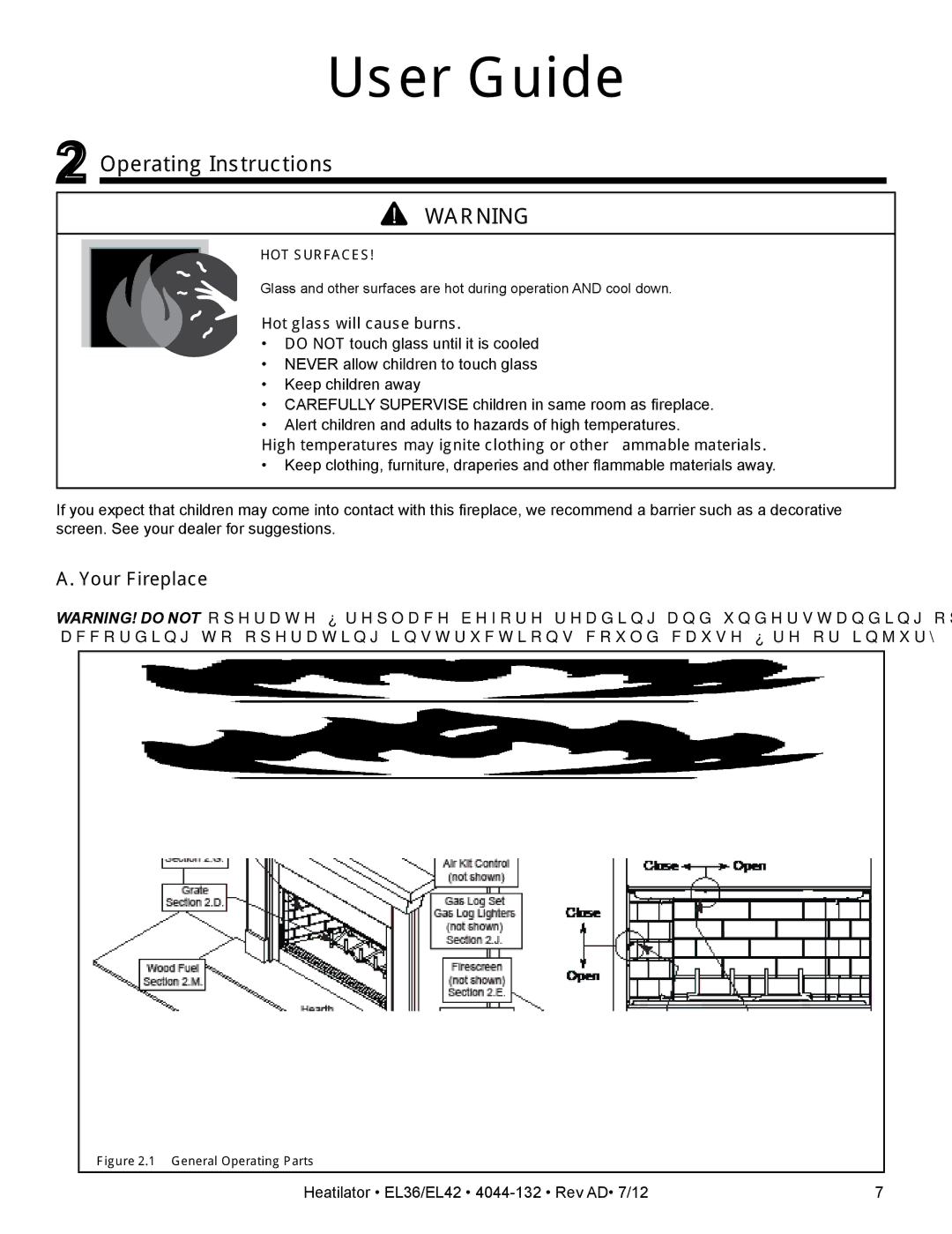 Hearth and Home Technologies EL42, EL36 owner manual Operating Instructions, Your Fireplace, Hot glass will cause burns 