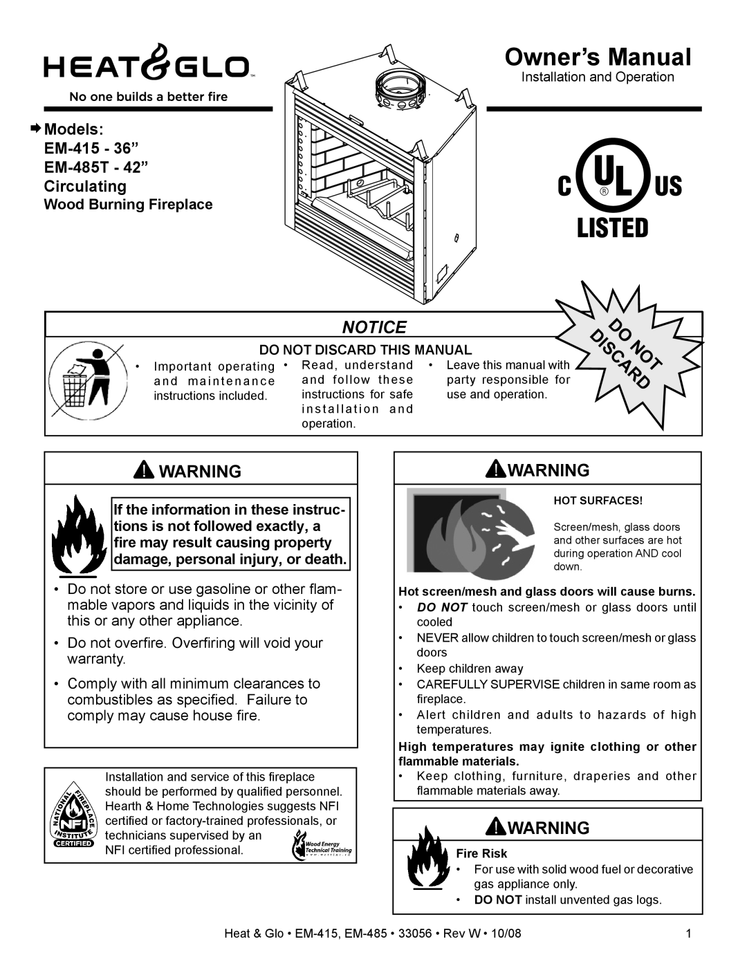 Hearth and Home Technologies EM-485T - 42, EM-415 - 36 owner manual Wood Burning Fireplace, Operation, Fire Risk 