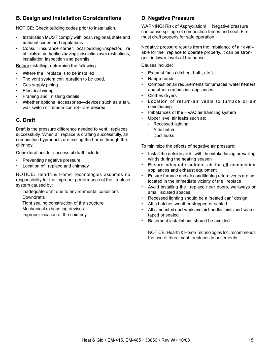 Hearth and Home Technologies EM-485T - 42, EM-415 - 36 Design and Installation Considerations, Draft, Negative Pressure 