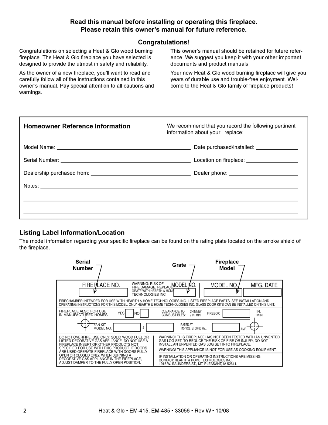 Hearth and Home Technologies EM-415 - 36, EM-485T - 42 owner manual Listing Label Information/Location, Grate, Number 