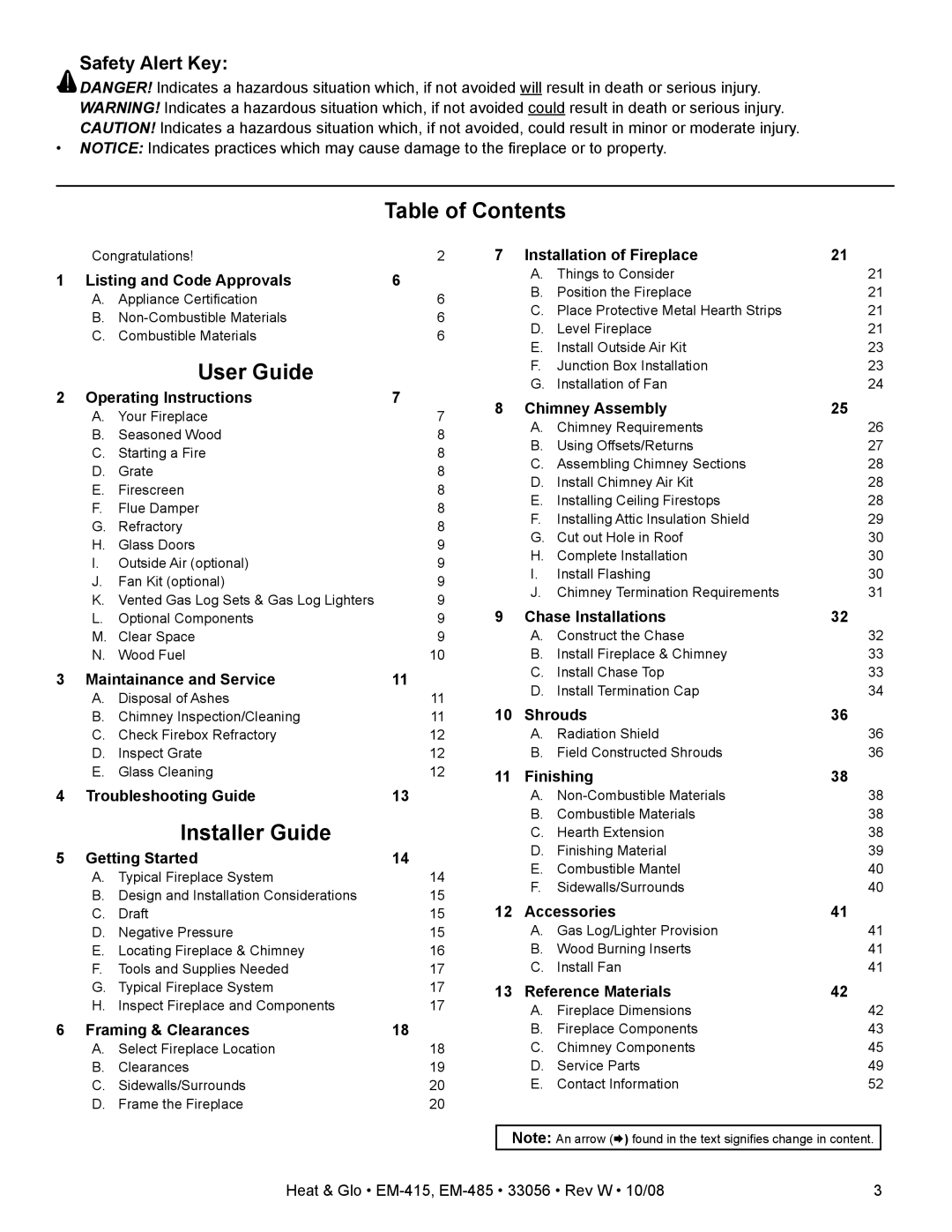 Hearth and Home Technologies EM-485T - 42, EM-415 - 36 Table of Contents, User Guide, Installer Guide, Safety Alert Key 