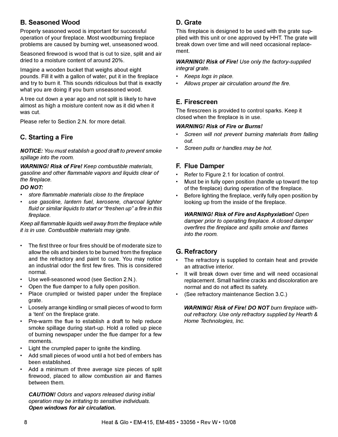 Hearth and Home Technologies EM-415 - 36 Seasoned Wood, Starting a Fire, Grate, Firescreen, Flue Damper, Refractory 