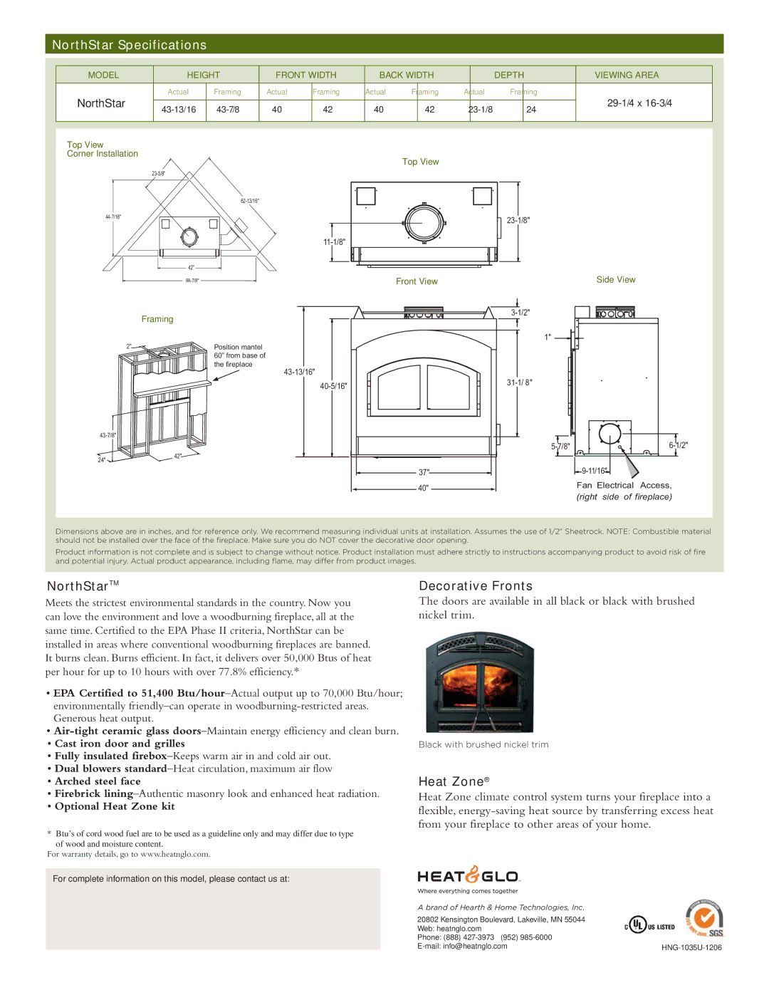 Hearth and Home Technologies EPA Phase II manual NorthStarTM Decorative Fronts, Heat Zone, Cast iron door and grilles 