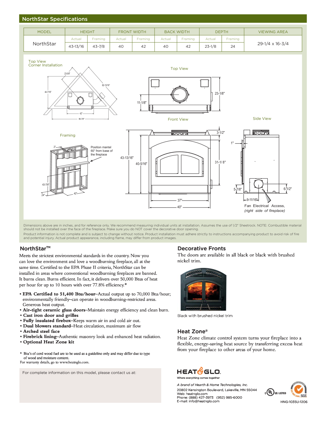 Hearth and Home Technologies EPA Phase II manual NorthStar Specifications, NorthStarTM, Decorative Fronts, Heat Zone 