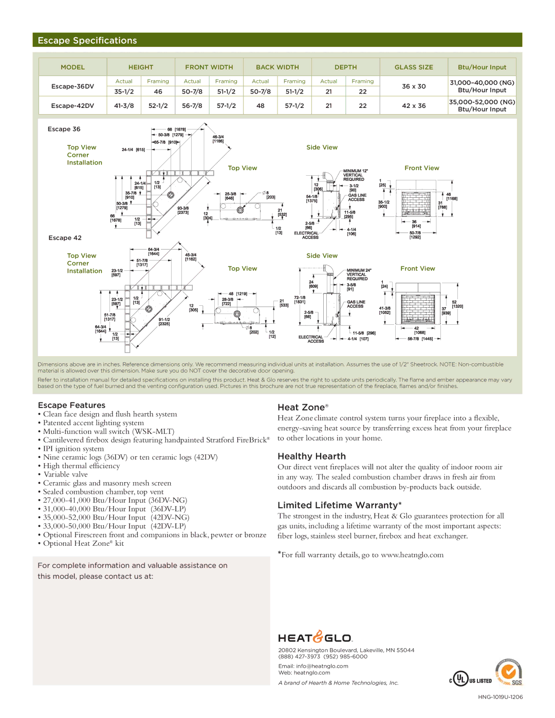 Hearth and Home Technologies ESCAPE-36DV manual Escape Specifications 