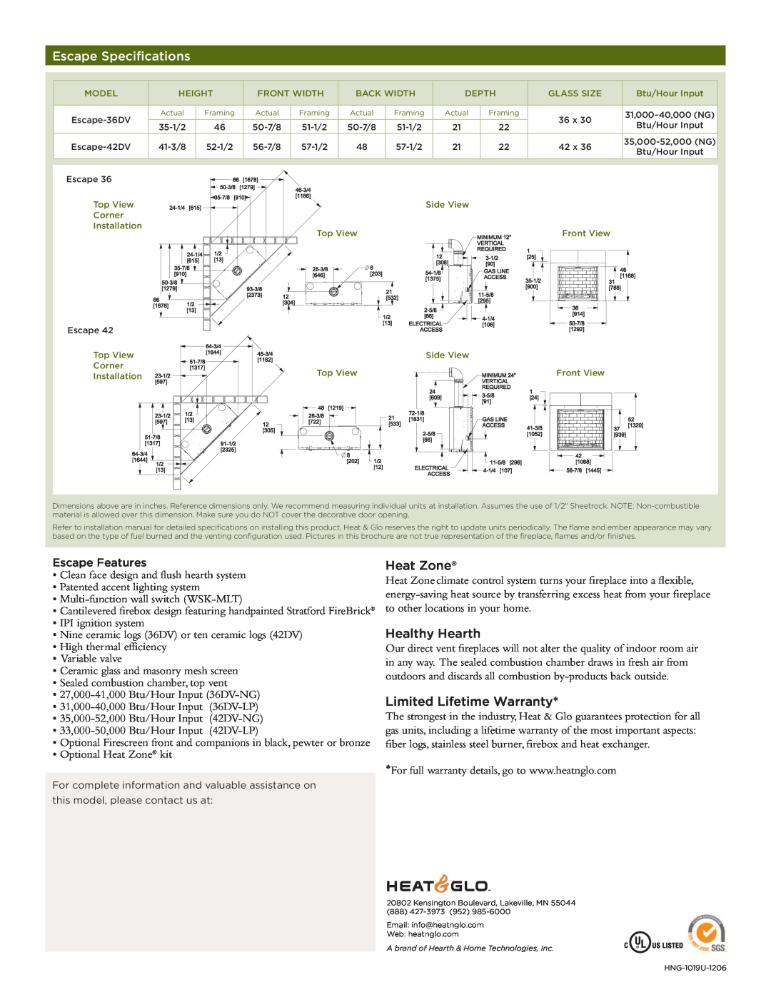 Hearth and Home Technologies ESCAPE-36DV manual Escape Specifications, Heat Zone, Healthy Hearth, Limited Lifetime Warranty 