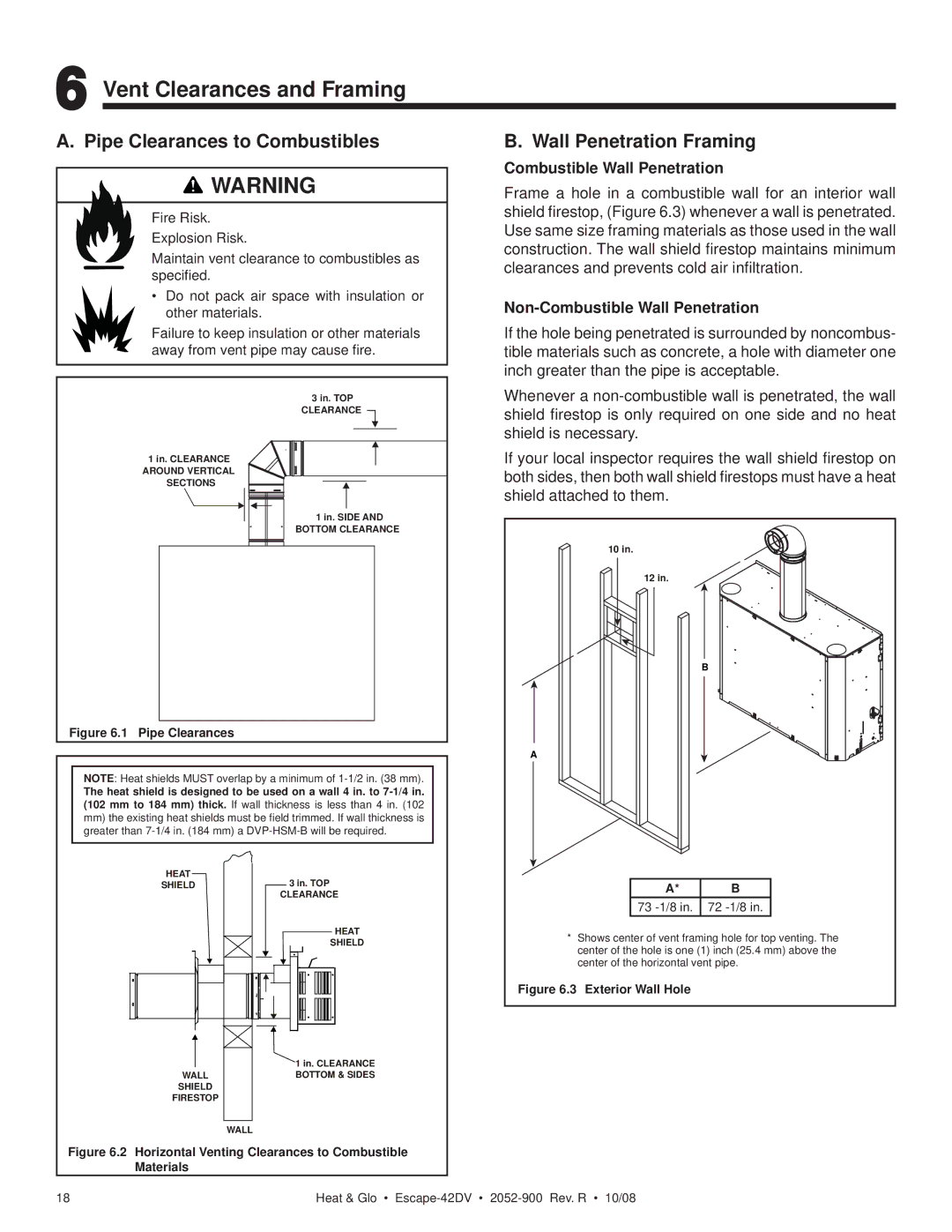 Hearth and Home Technologies ESCAPE-42DV owner manual Vent Clearances and Framing, Pipe Clearances to Combustibles 