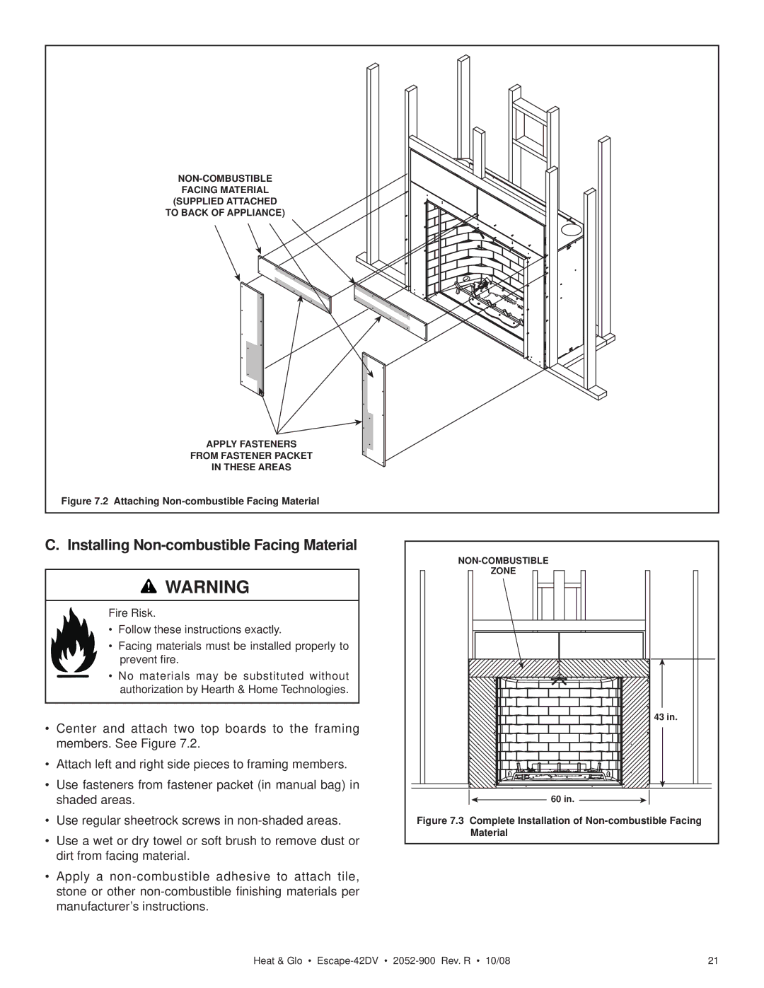 Hearth and Home Technologies ESCAPE-42DV owner manual Installing Non-combustible Facing Material 