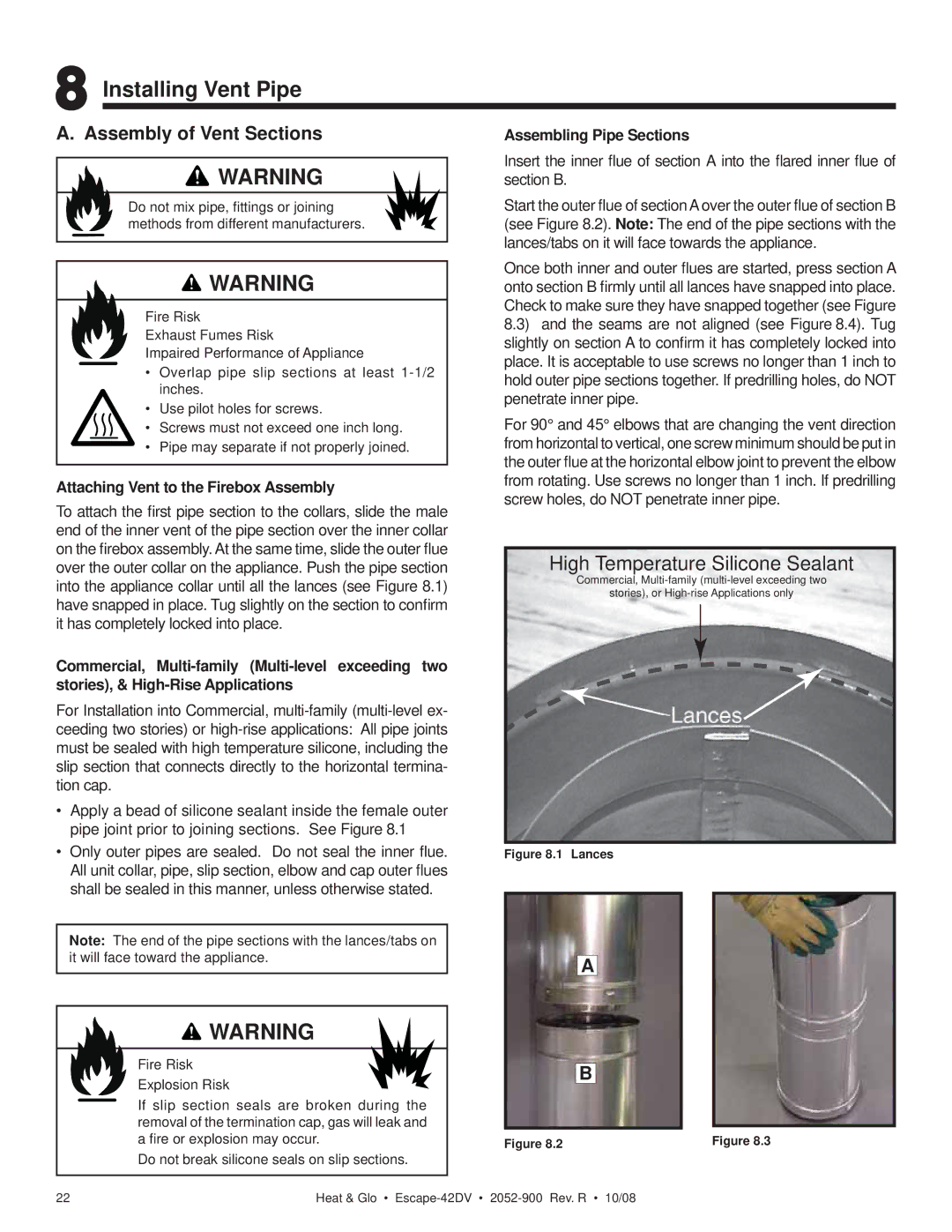 Hearth and Home Technologies ESCAPE-42DV Installing Vent Pipe, Assembly of Vent Sections, Assembling Pipe Sections 