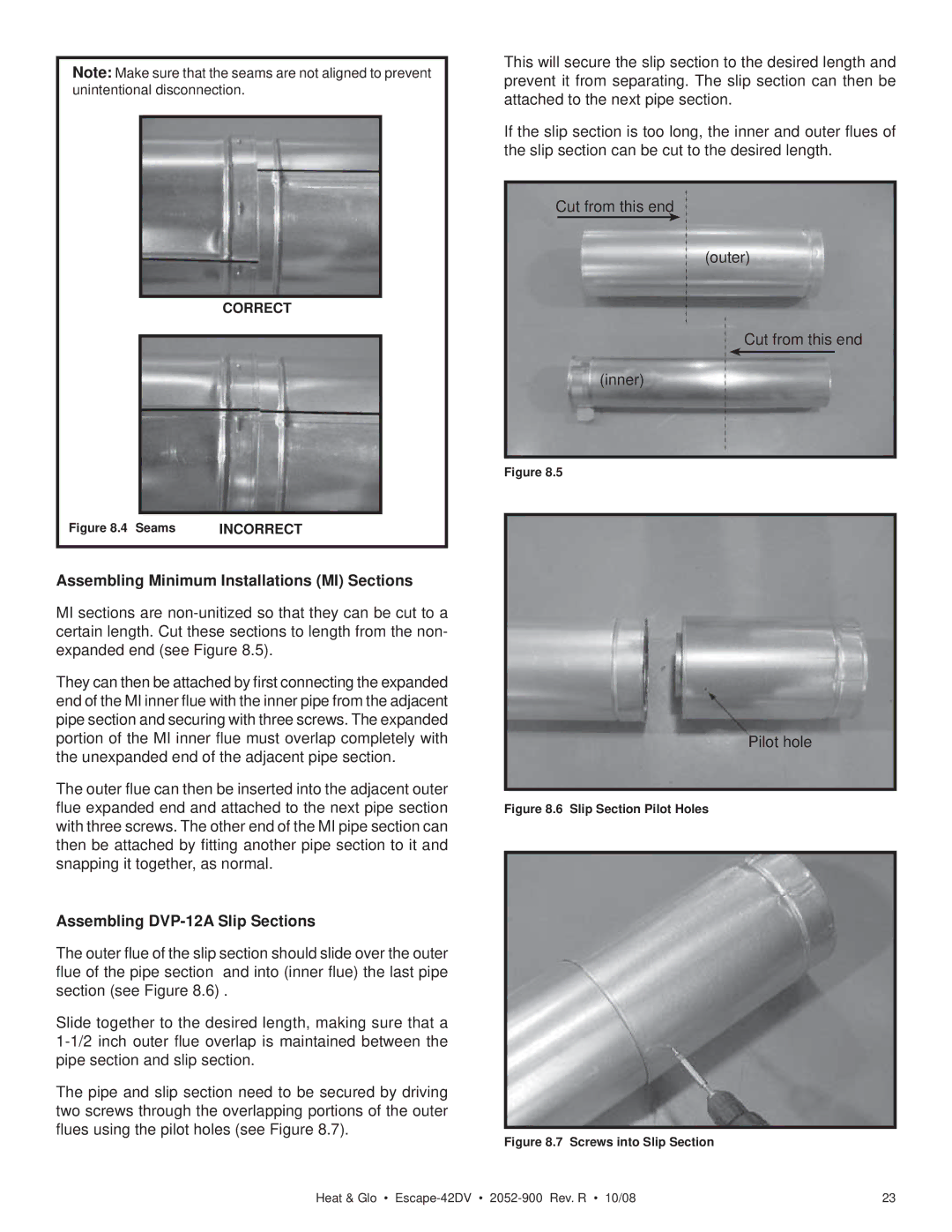 Hearth and Home Technologies ESCAPE-42DV Assembling Minimum Installations MI Sections, Assembling DVP-12A Slip Sections 