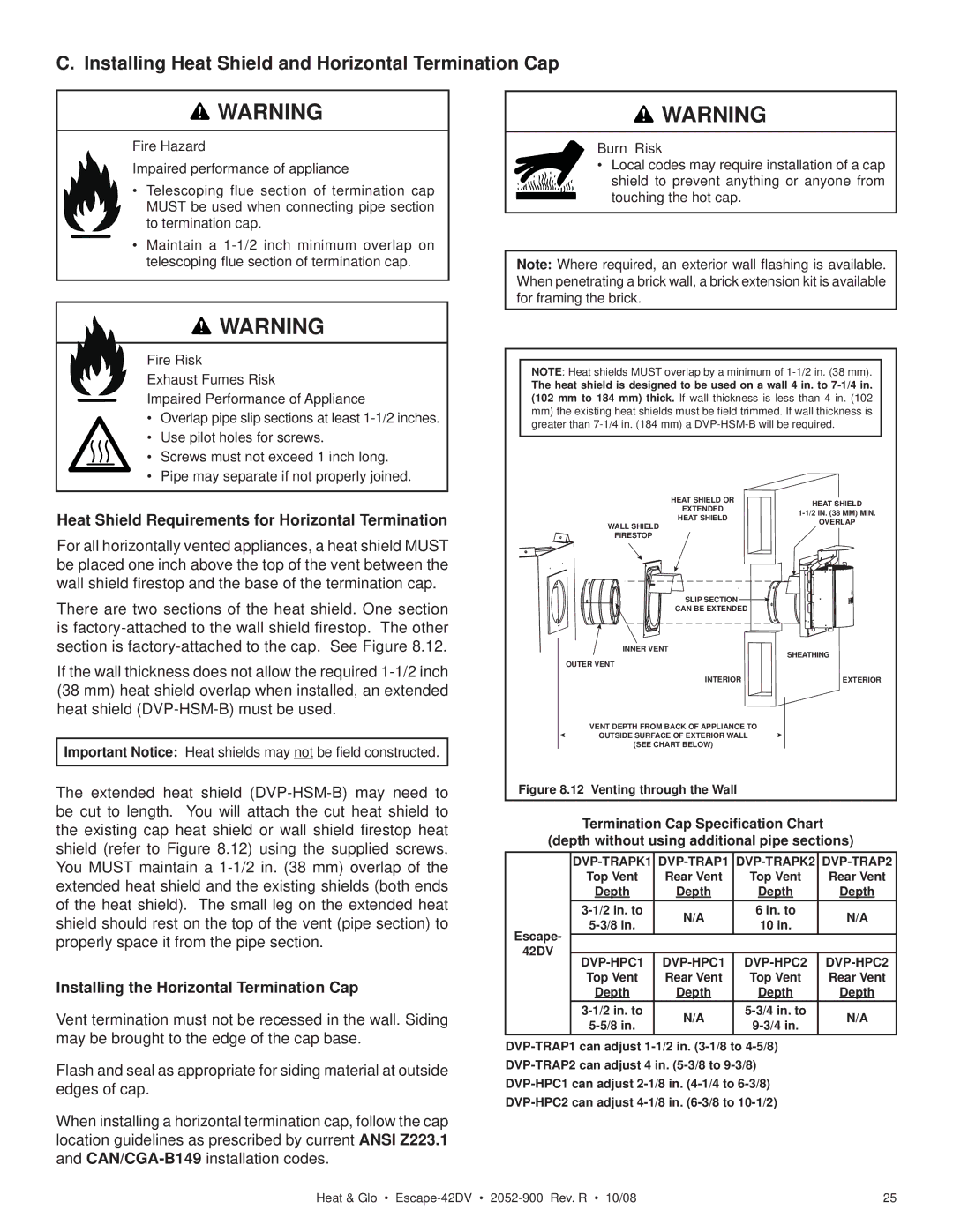 Hearth and Home Technologies ESCAPE-42DV owner manual Installing Heat Shield and Horizontal Termination Cap 