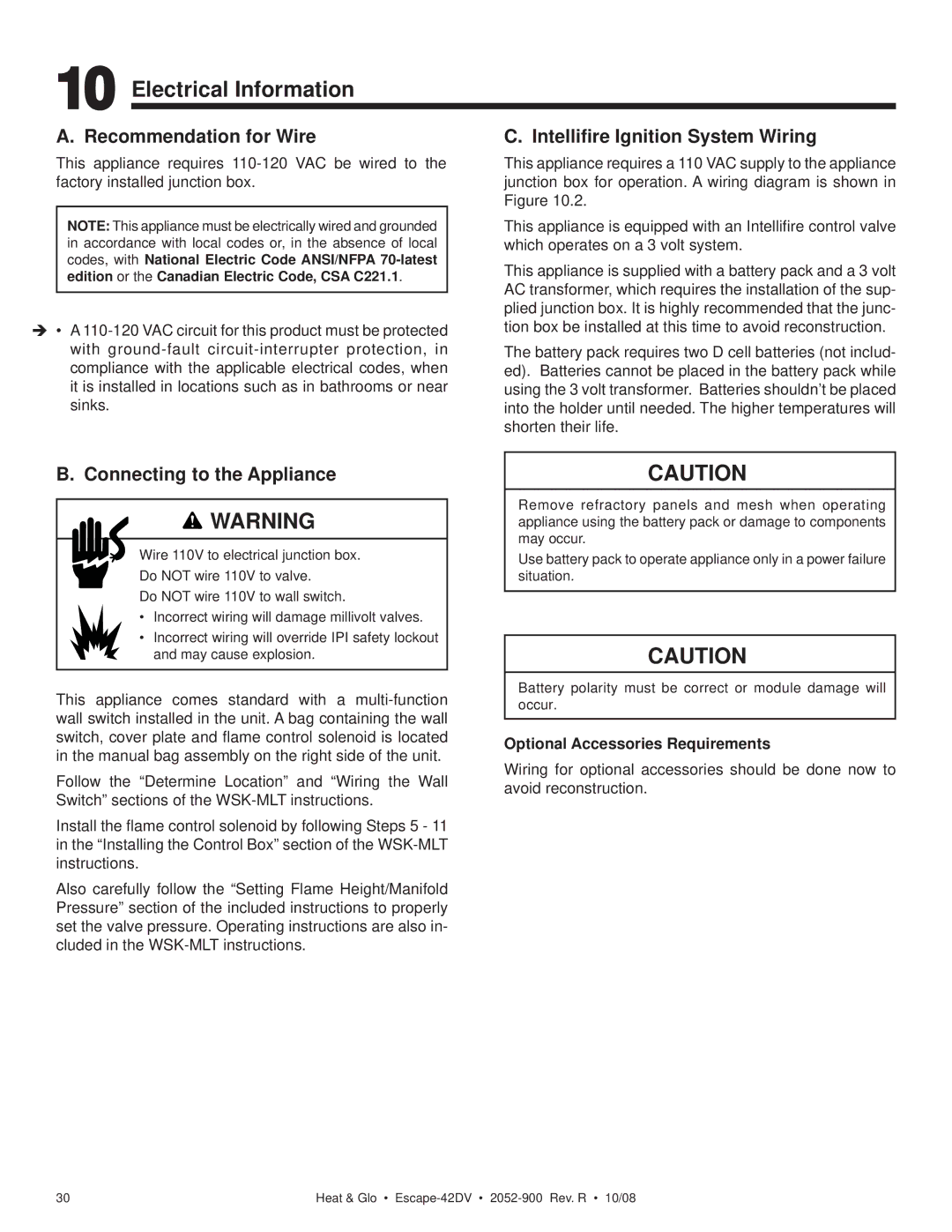 Hearth and Home Technologies ESCAPE-42DV Electrical Information, Recommendation for Wire, Connecting to the Appliance 