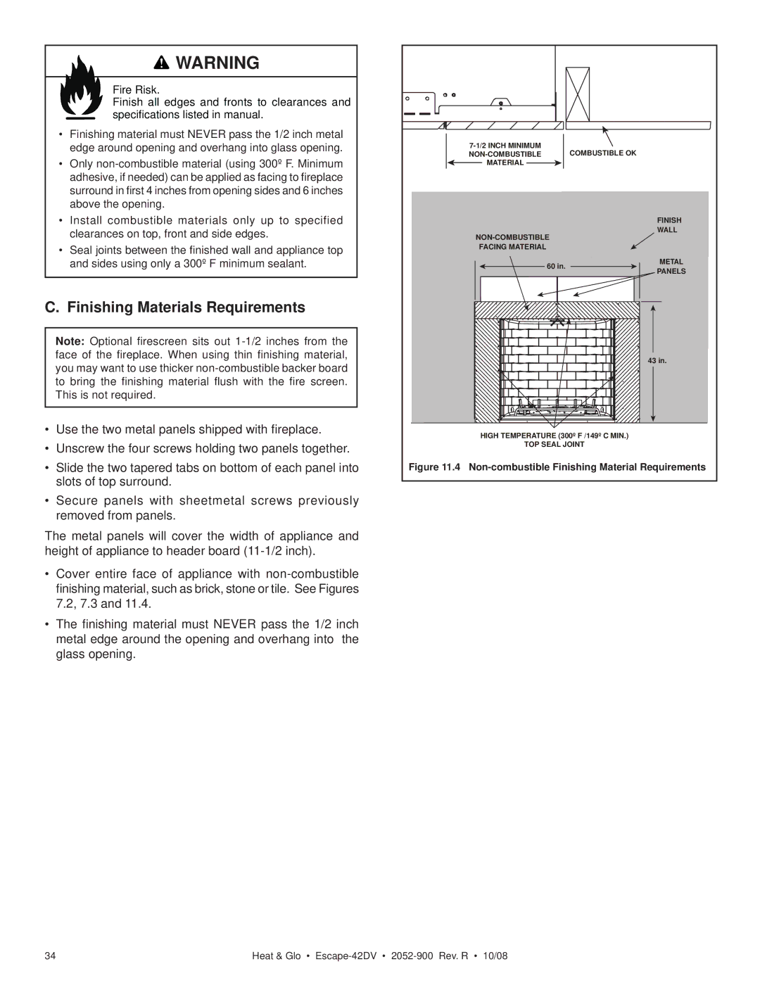 Hearth and Home Technologies ESCAPE-42DV Finishing Materials Requirements, Non-combustible Finishing Material Requirements 