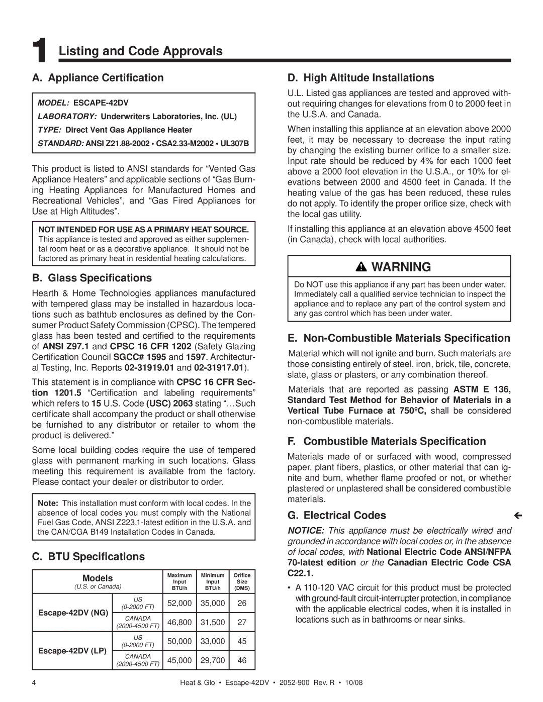 Hearth and Home Technologies ESCAPE-42DV owner manual Listing and Code Approvals 