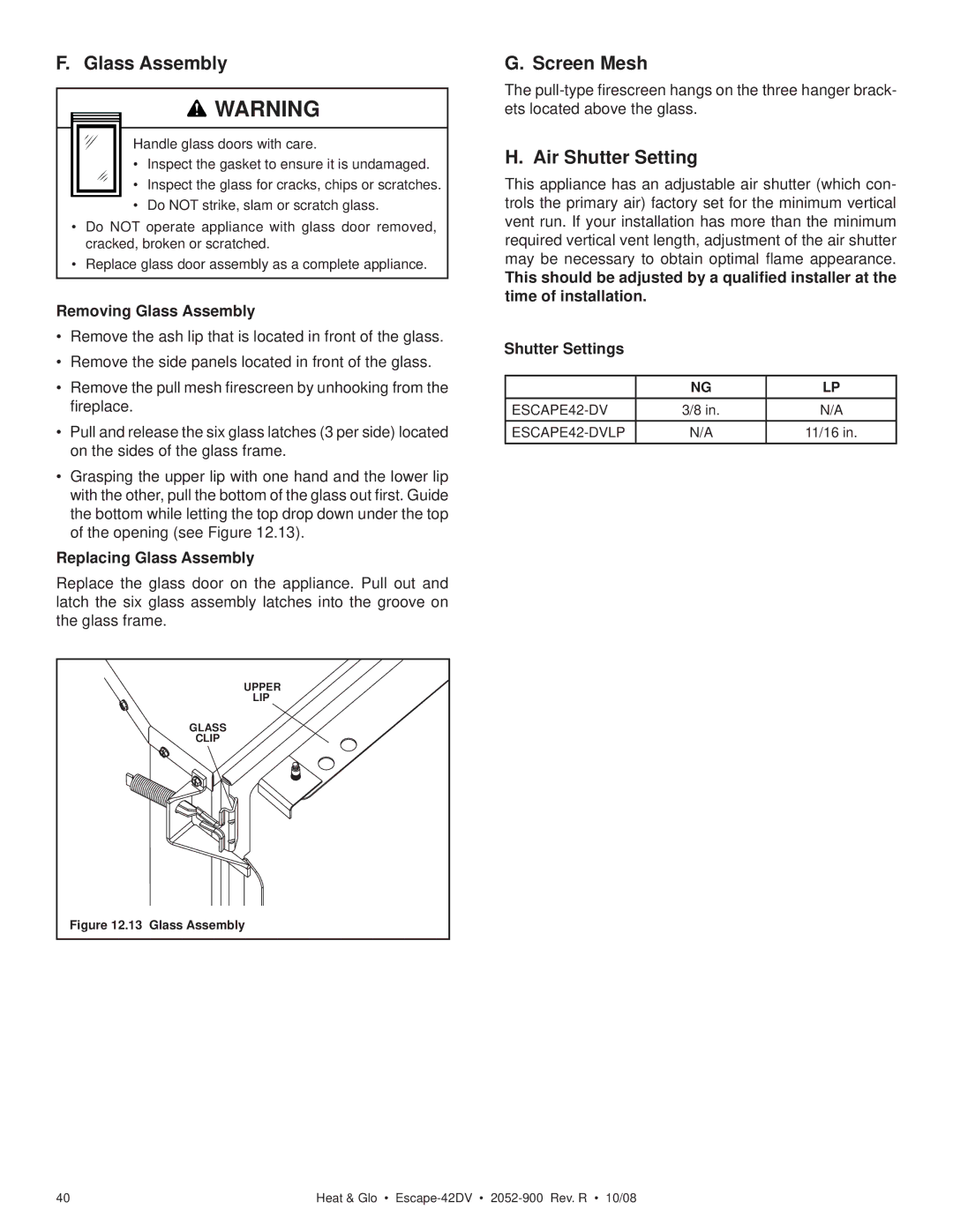 Hearth and Home Technologies ESCAPE-42DV owner manual Screen Mesh, Air Shutter Setting, Removing Glass Assembly 