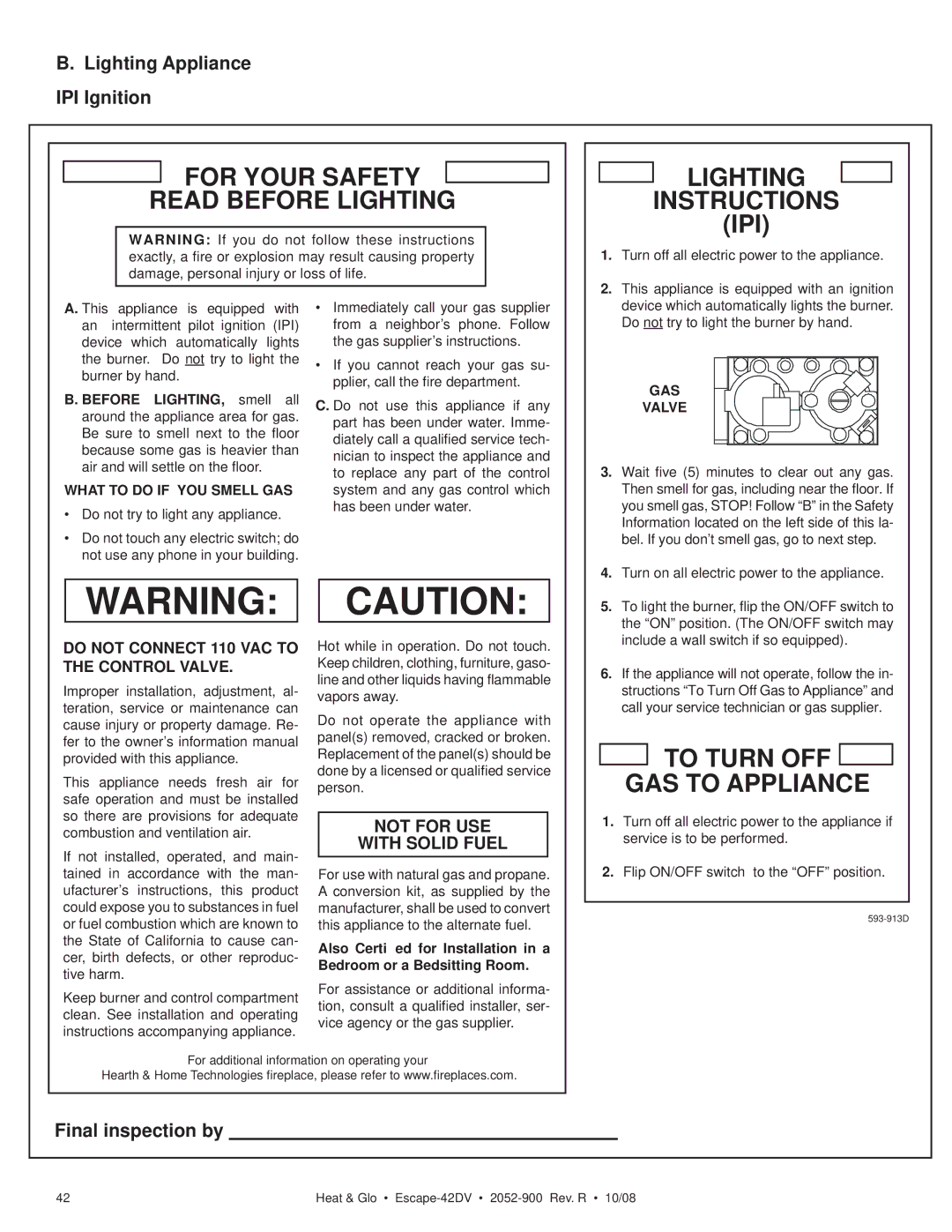 Hearth and Home Technologies ESCAPE-42DV owner manual Lighting Appliance IPI Ignition, Final inspection by 