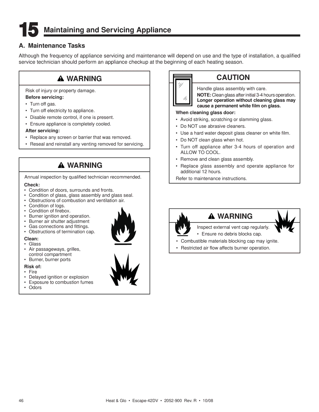 Hearth and Home Technologies ESCAPE-42DV owner manual Maintaining and Servicing Appliance, Maintenance Tasks 