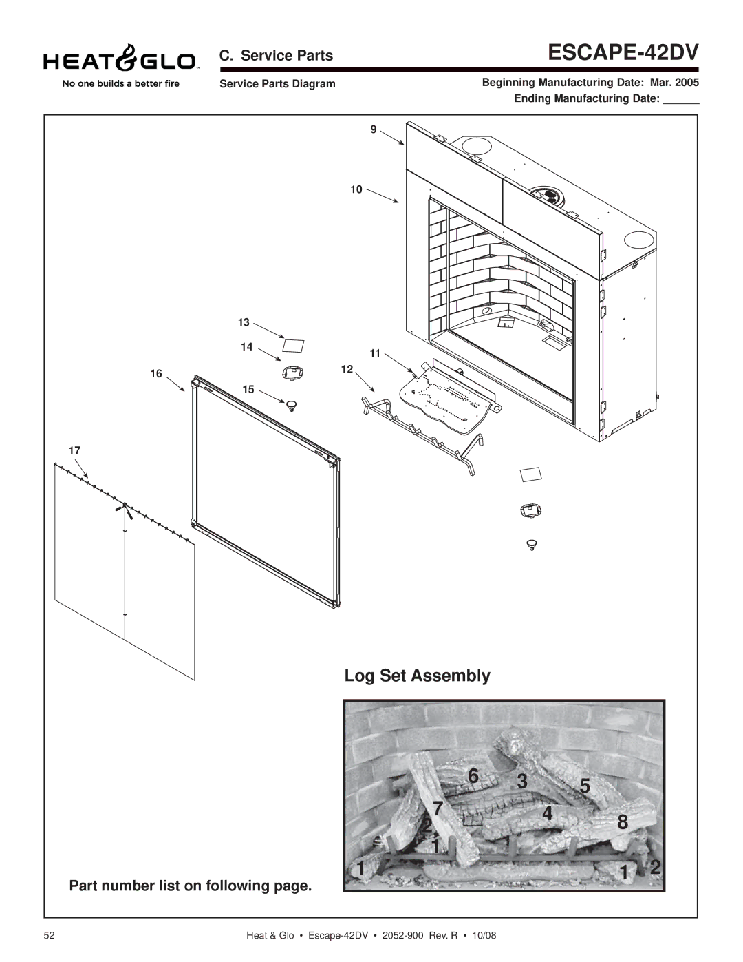 Hearth and Home Technologies ESCAPE-42DV owner manual Log Set Assembly, Service Parts, Part number list on following 