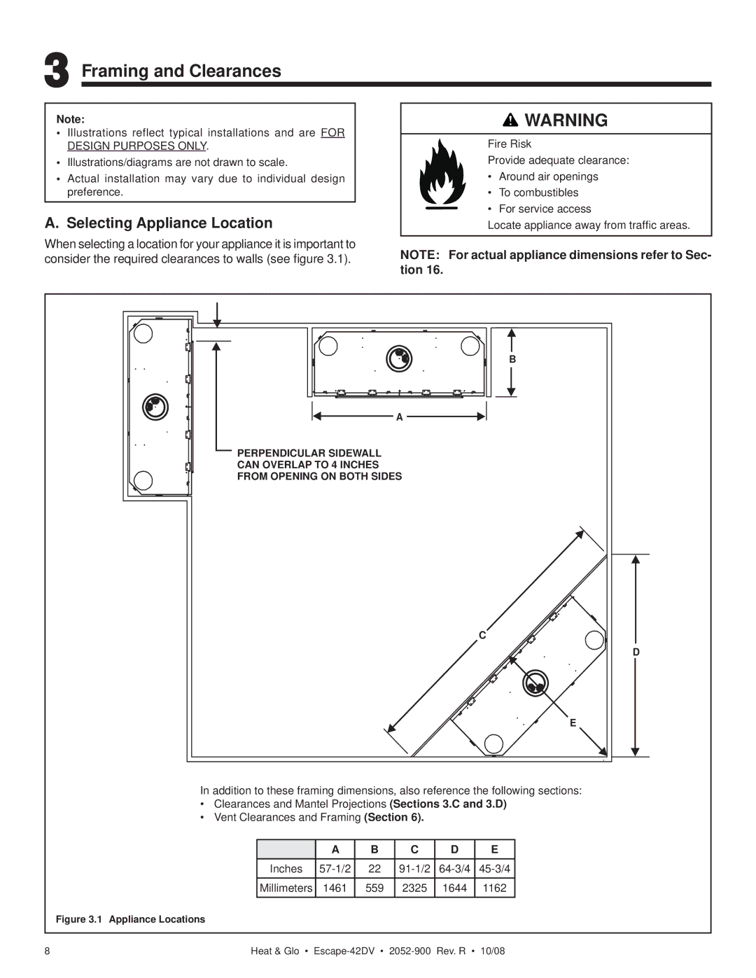 Hearth and Home Technologies ESCAPE-42DV owner manual Framing and Clearances, Selecting Appliance Location 