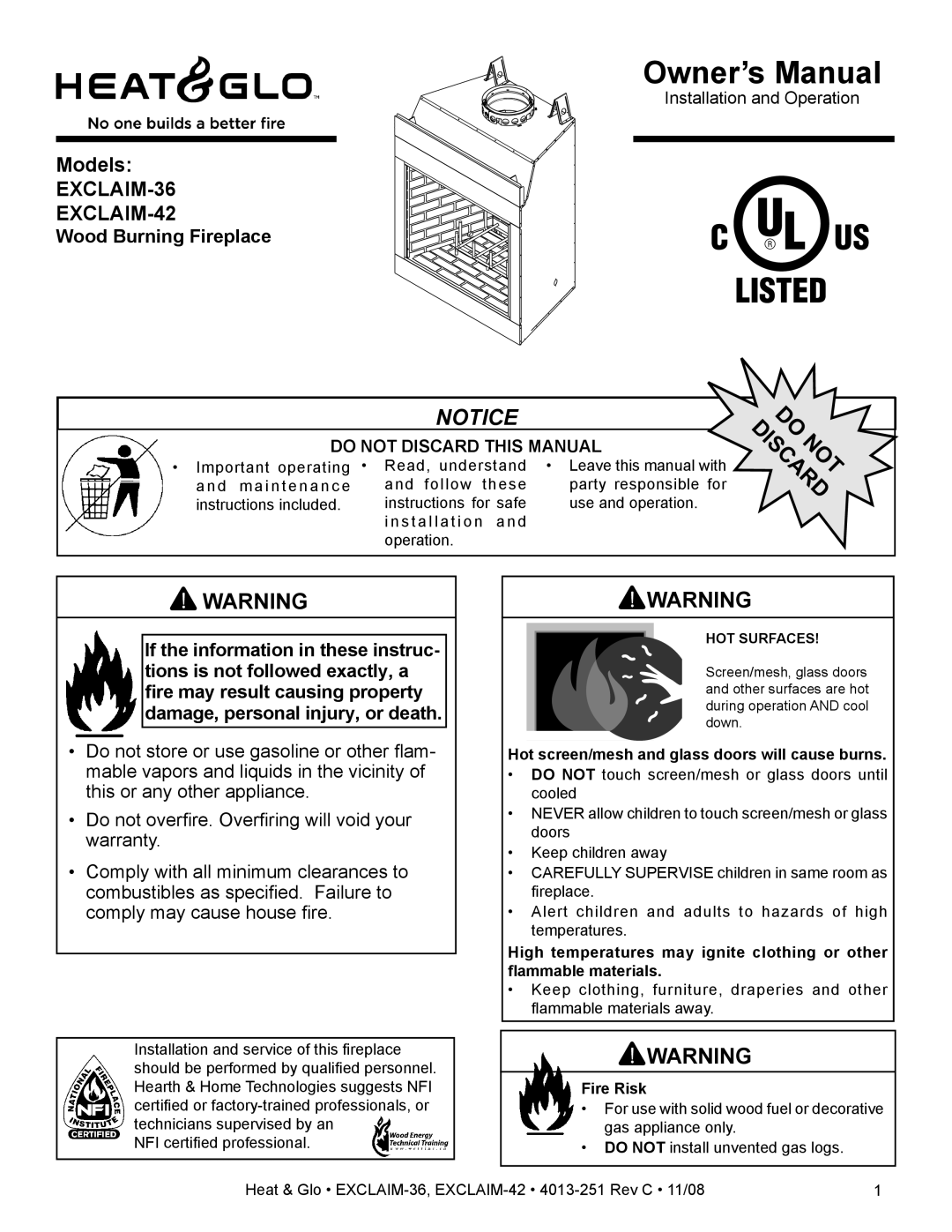 Hearth and Home Technologies EXCLAIM-36 owner manual Wood Burning Fireplace, Fire Risk 