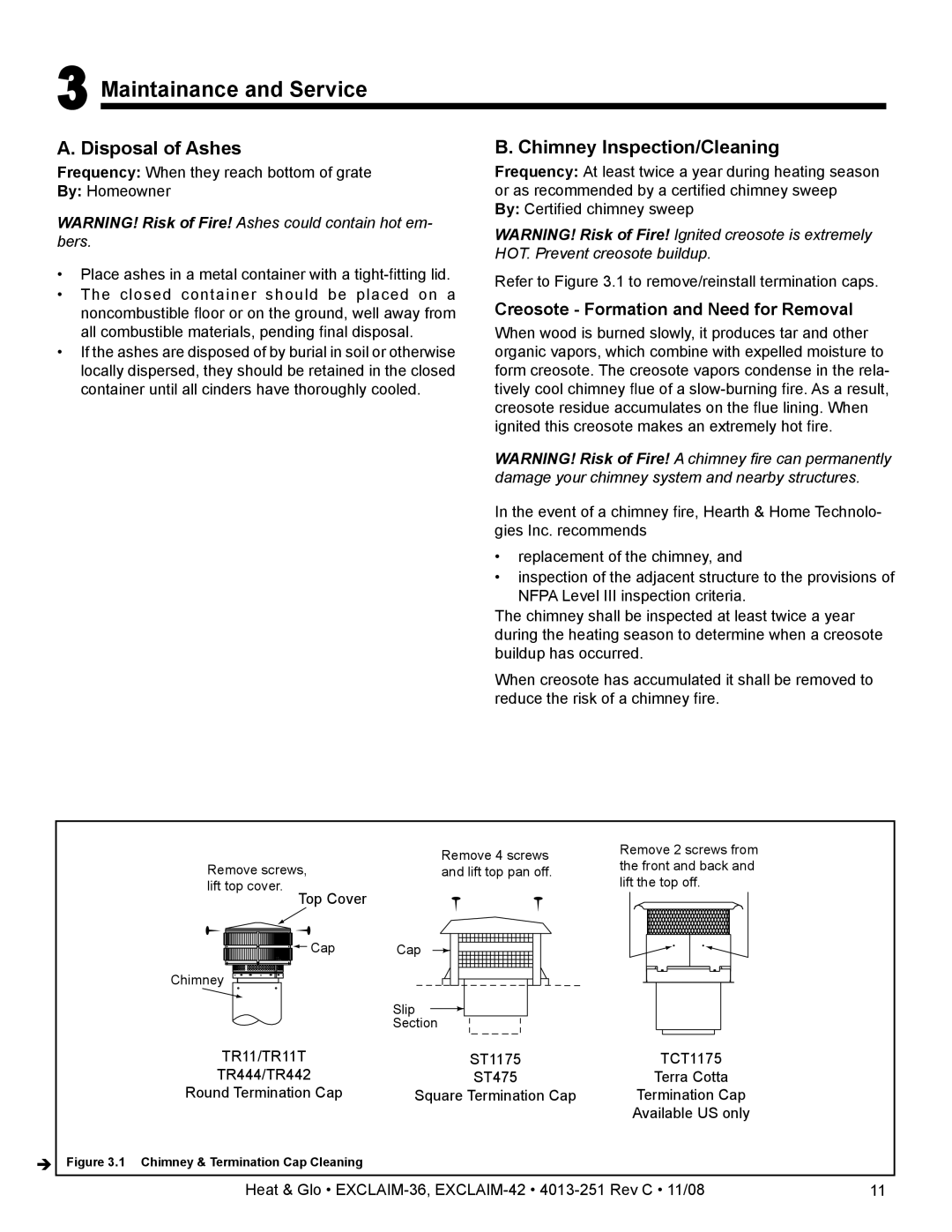 Hearth and Home Technologies EXCLAIM-36 Maintainance and Service, Disposal of Ashes, Chimney Inspection/Cleaning 