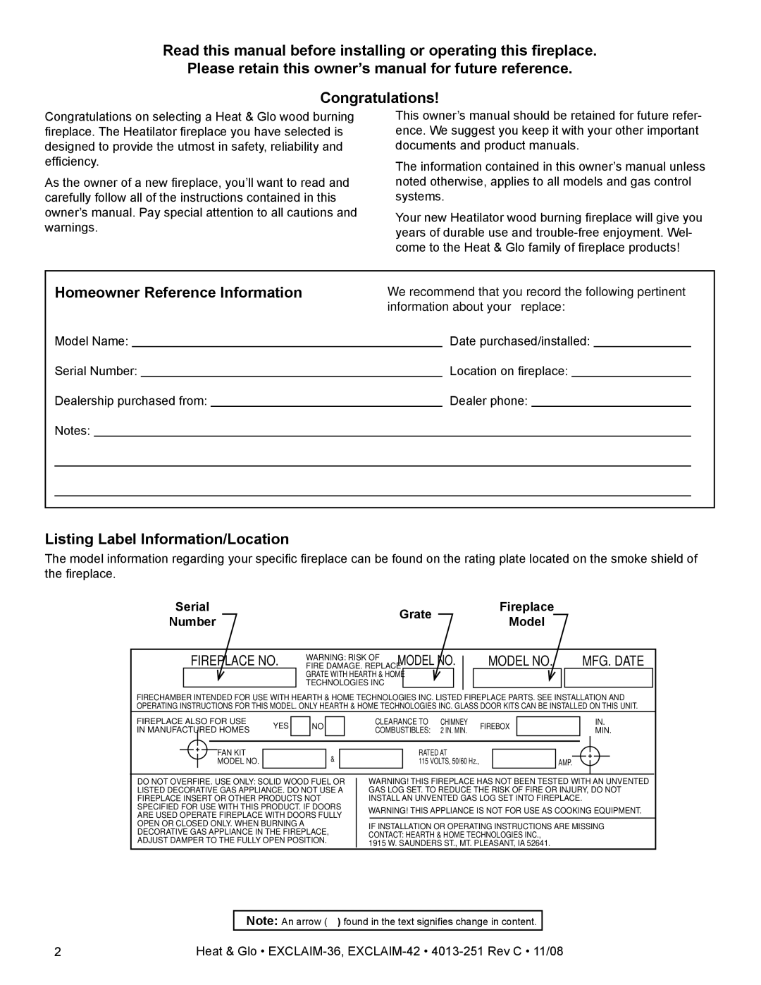 Hearth and Home Technologies EXCLAIM-36 owner manual Listing Label Information/Location, Grate, Number 