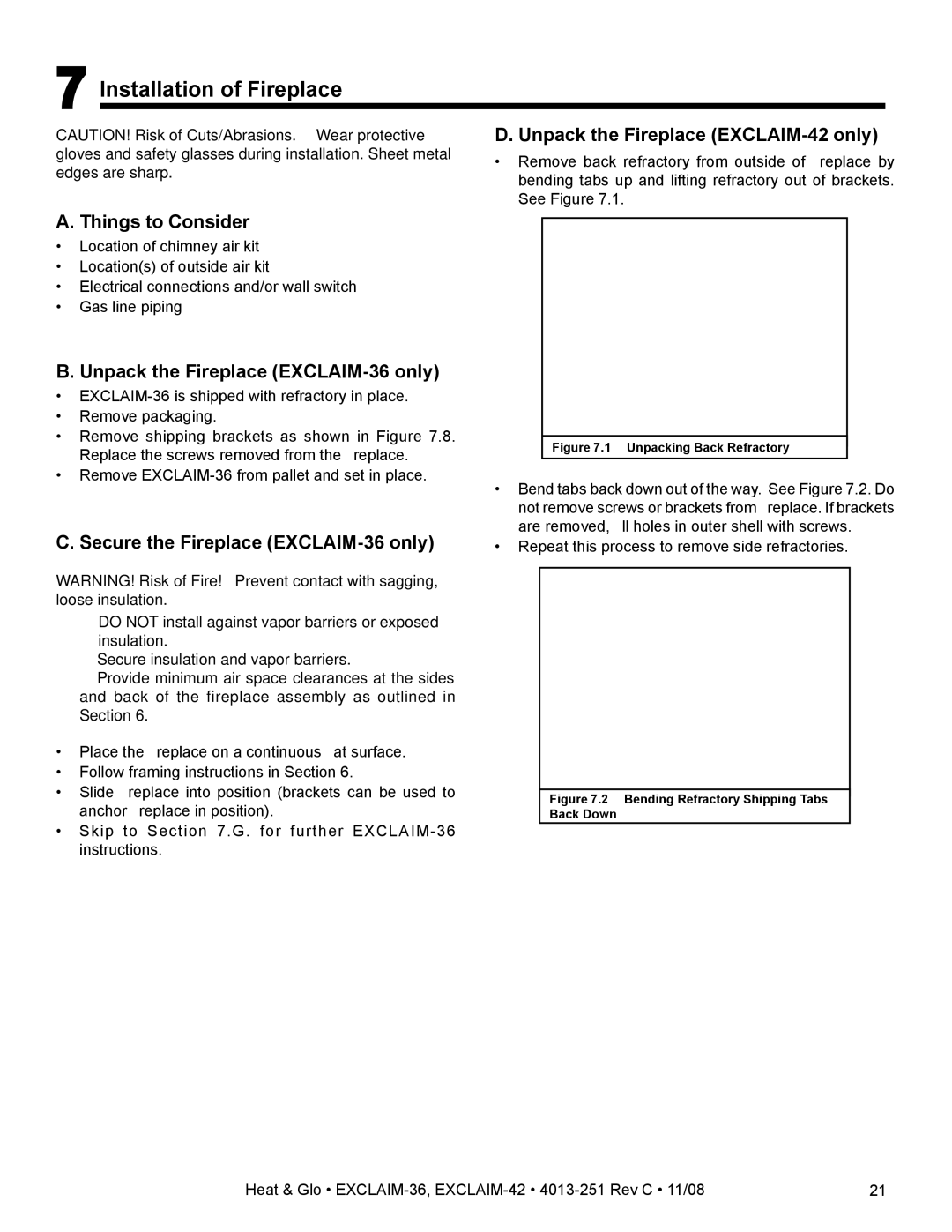 Hearth and Home Technologies EXCLAIM-36 owner manual Installation of Fireplace, Unpack the Fireplace EXCLAIM-42 only 