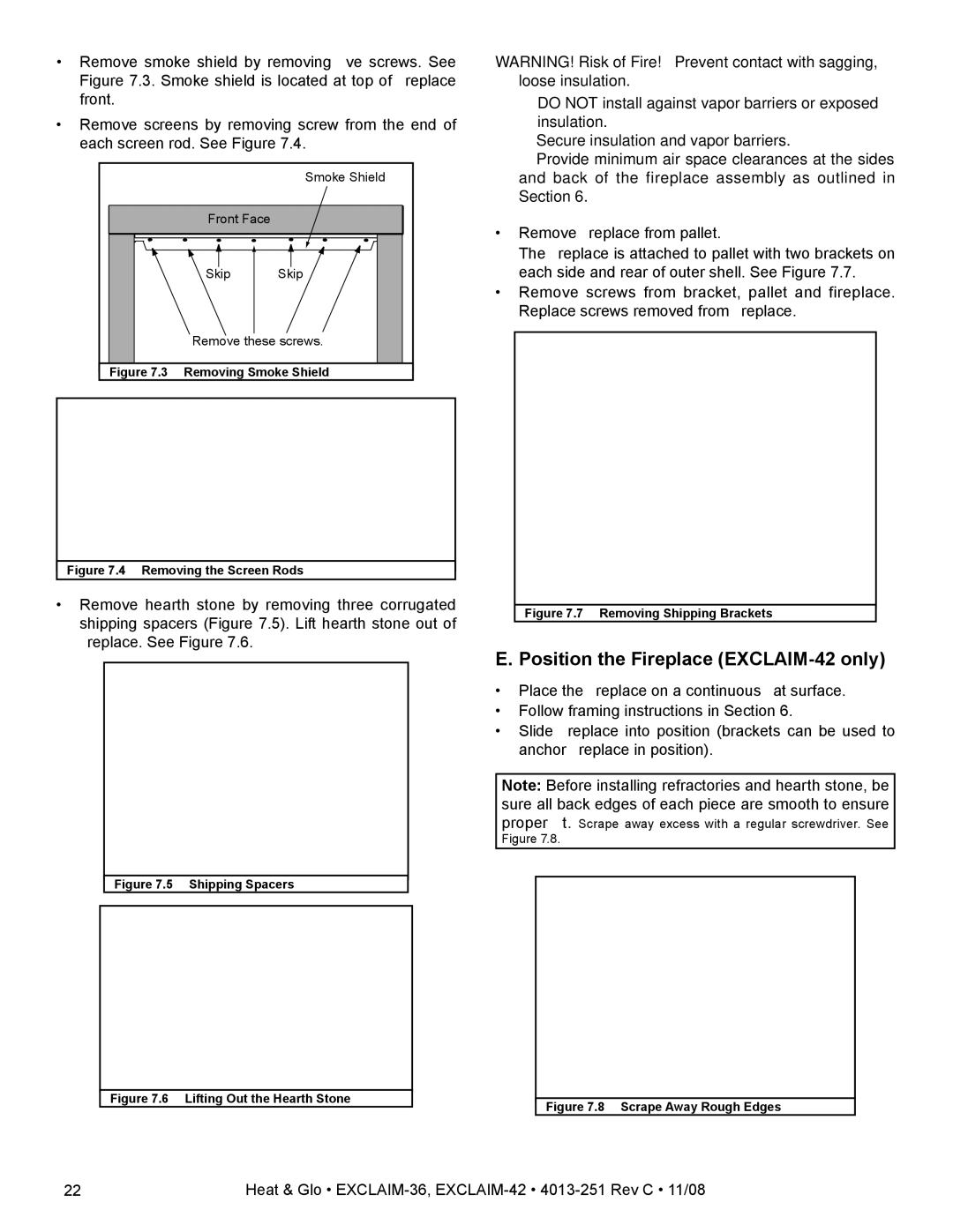 Hearth and Home Technologies EXCLAIM-36 owner manual Position the Fireplace EXCLAIM-42 only, Removing Smoke Shield 