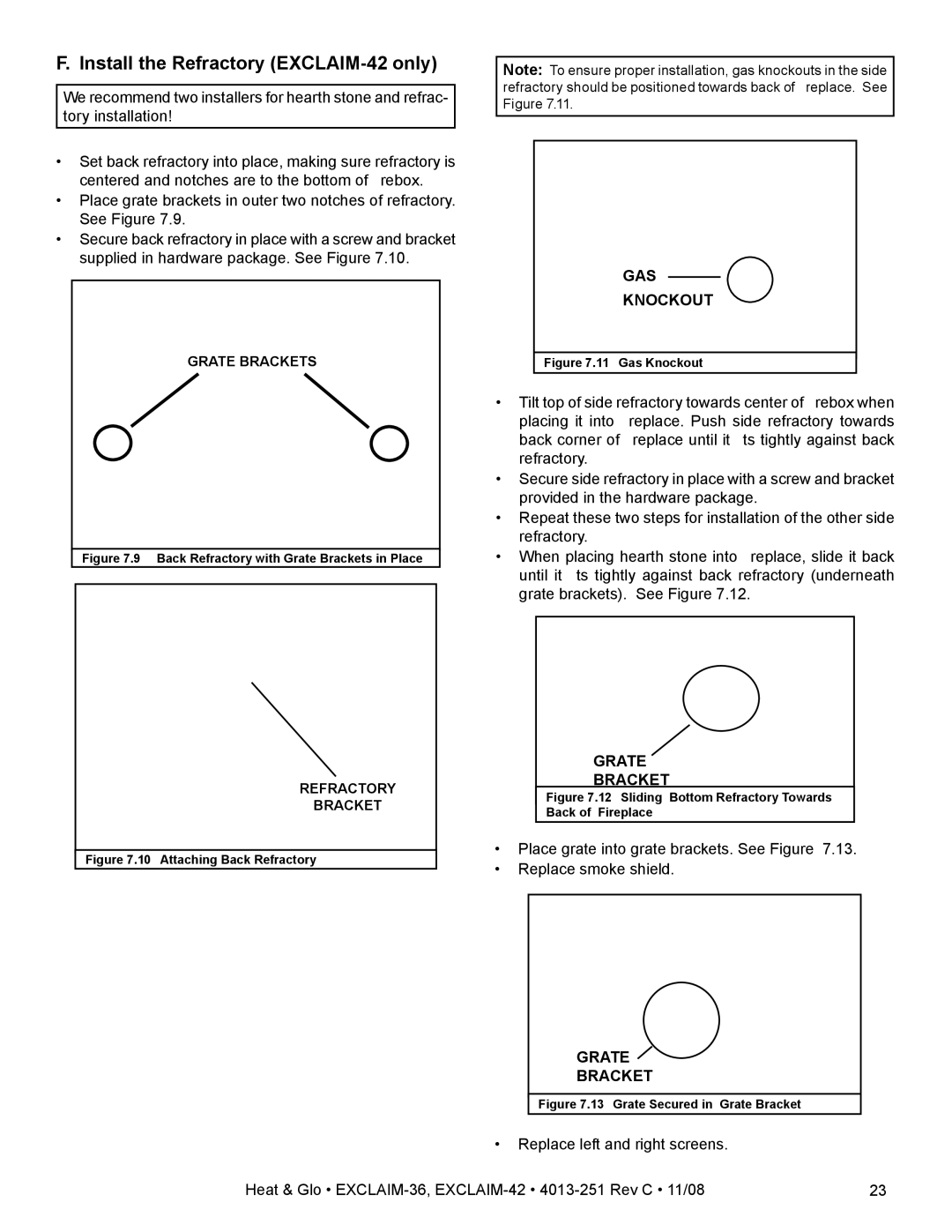 Hearth and Home Technologies EXCLAIM-36 owner manual Install the Refractory EXCLAIM-42 only, GAS Knockout 