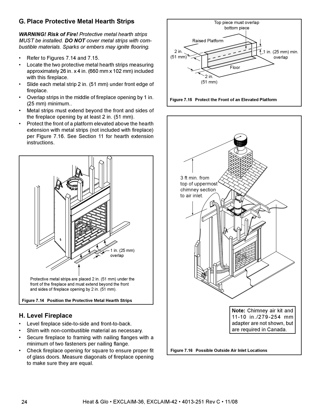 Hearth and Home Technologies EXCLAIM-36 owner manual Place Protective Metal Hearth Strips, Level Fireplace 