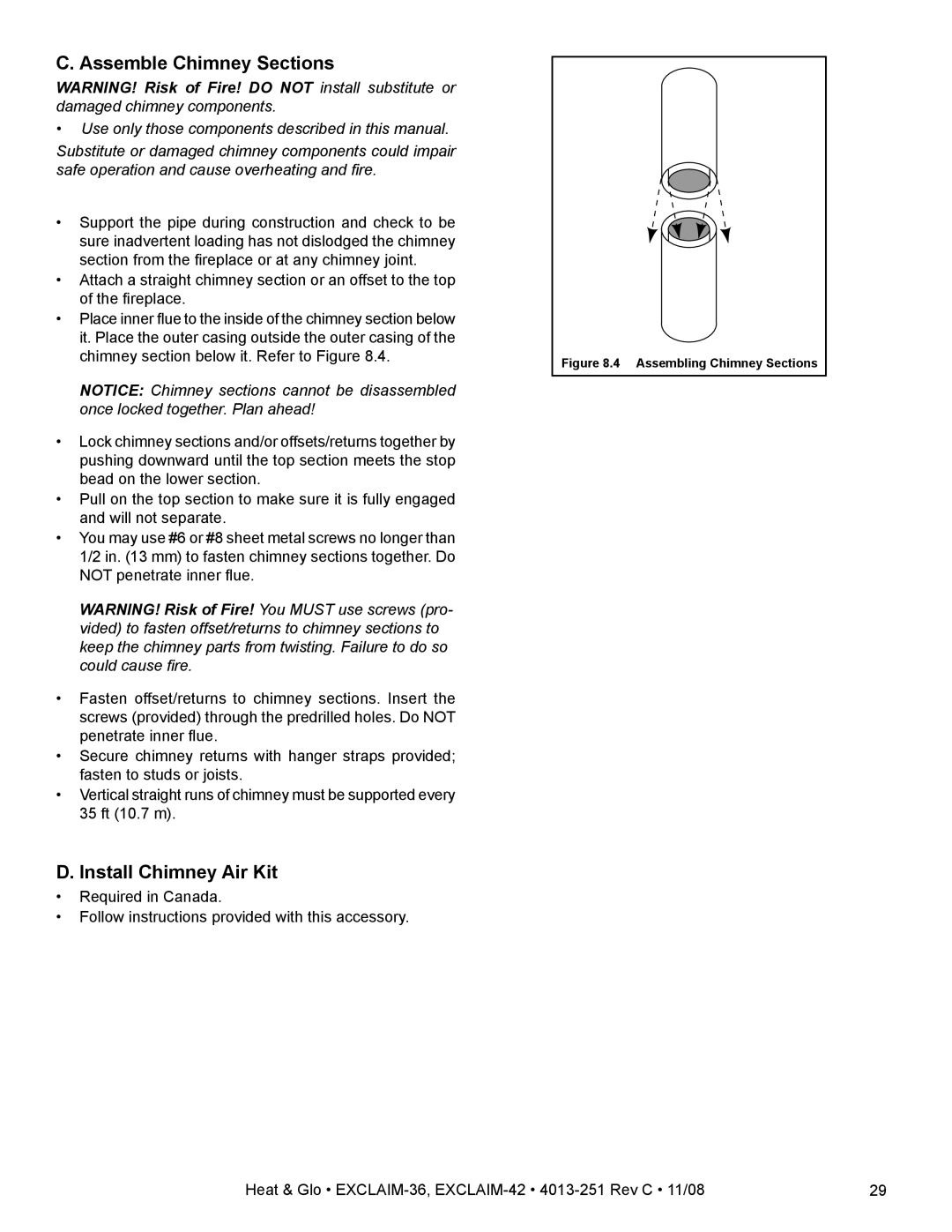 Hearth and Home Technologies EXCLAIM-36 owner manual Assemble Chimney Sections, Install Chimney Air Kit 