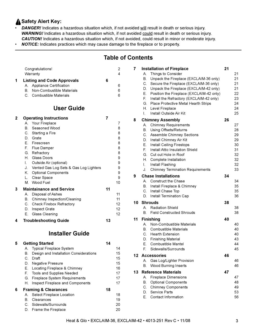 Hearth and Home Technologies EXCLAIM-36 owner manual Table of Contents, User Guide, Installer Guide 