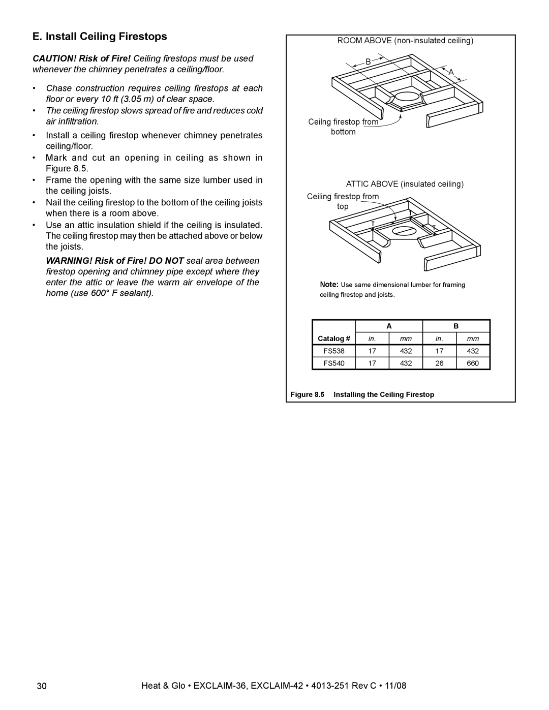 Hearth and Home Technologies EXCLAIM-36 owner manual Install Ceiling Firestops, Installing the Ceiling Firestop 