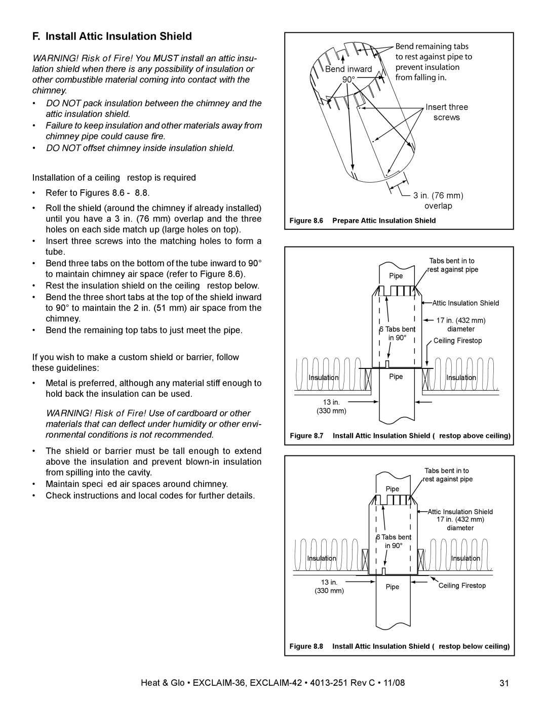 Hearth and Home Technologies EXCLAIM-36 owner manual Install Attic Insulation Shield, 330 mm 